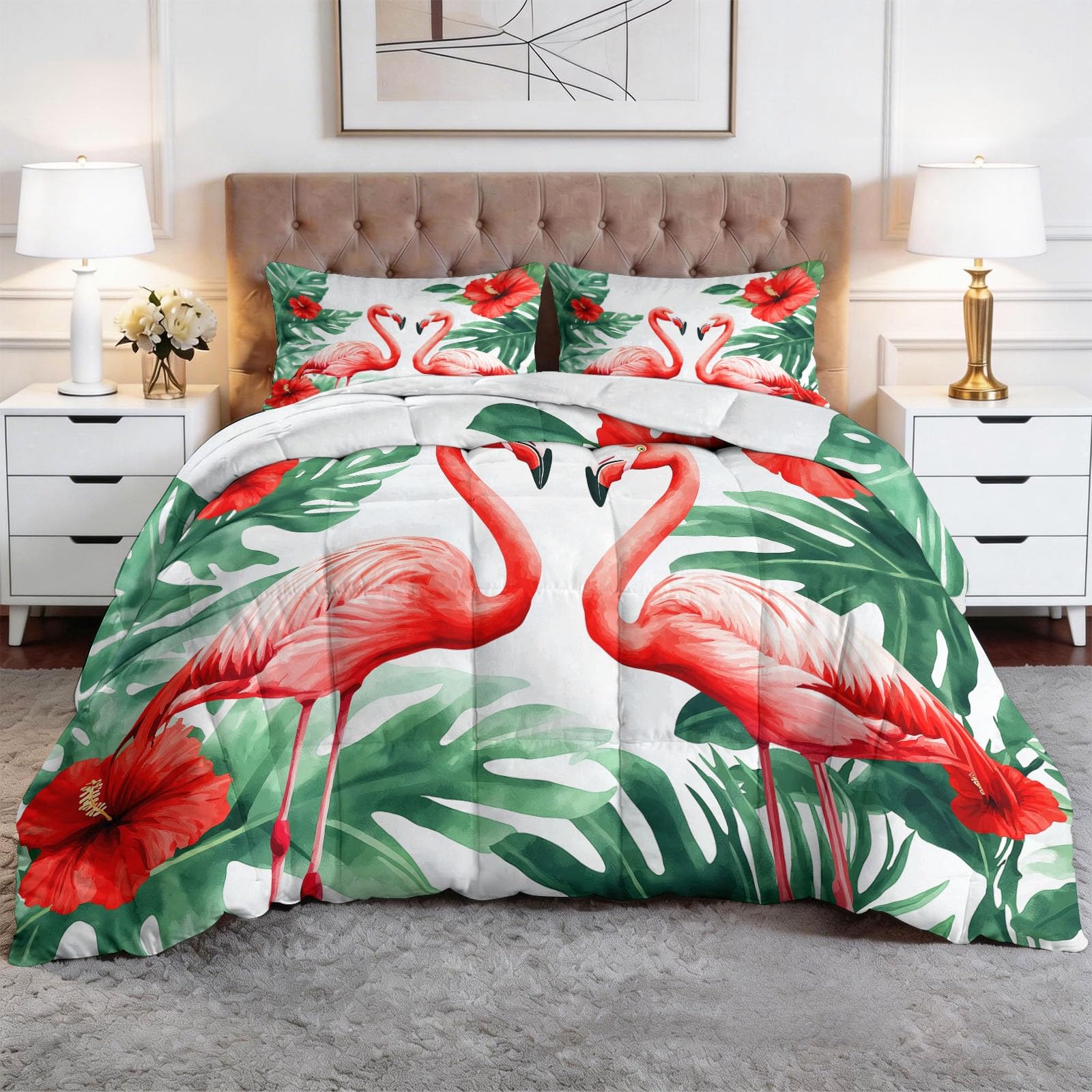 Piumone Invernale Matrimoniale 220 x 240 cm Acquerello Animali Fiori Fenicotteri Trapunta in Ecopiuma 400 gr/mq, Caldo ed Elegante – Biancheria da Letto Anallergica – Set 3 Pezzi, Rosso E Verde