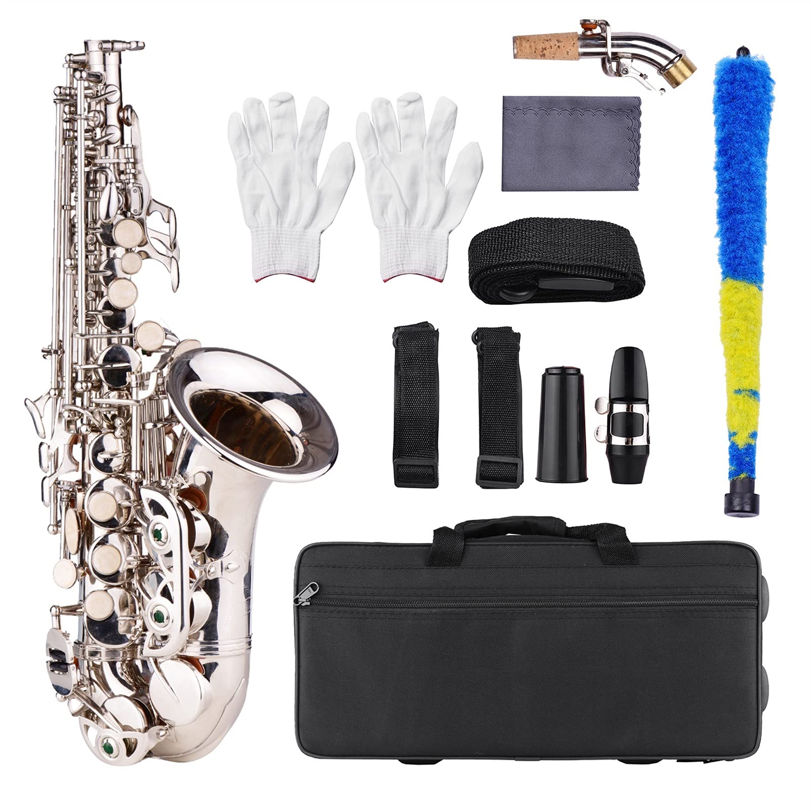 Sax Principianti Kit Sassofono BB Bend Althorn Saxophone Sax Pearl Bianco Shell Bottoni Strumenti del Vento in Ottone Oro e Sax Argento Sax Modello Strumento a fiato (Color : Silver)