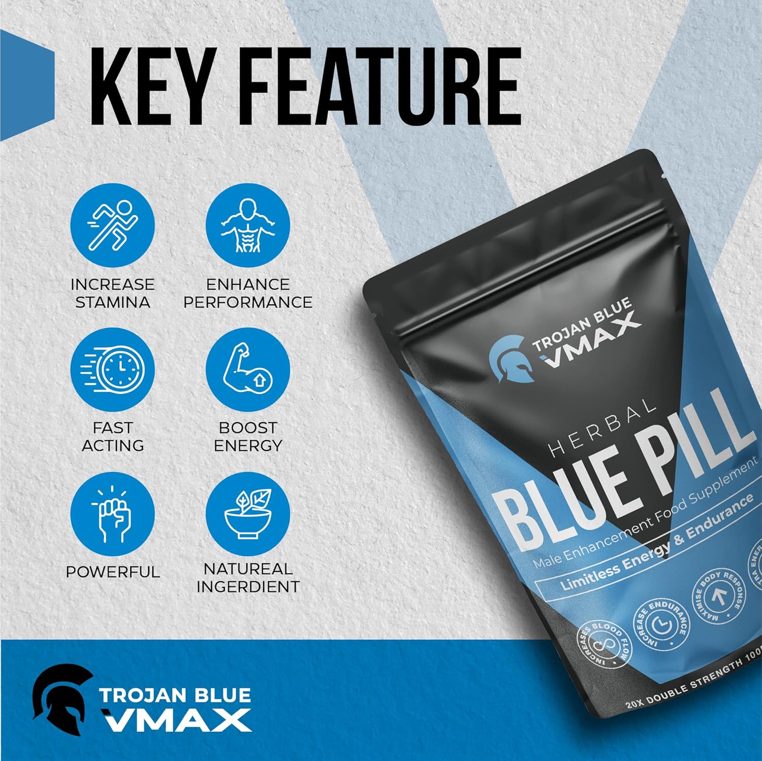 20x Trojan Blue Vmax | Herbal Supplement Blue Pills for Men | High Strength Performance Powerful Fast Acting Long Lasting Results | Enhancing Male Stamina & Endurance Booster Tablets 4