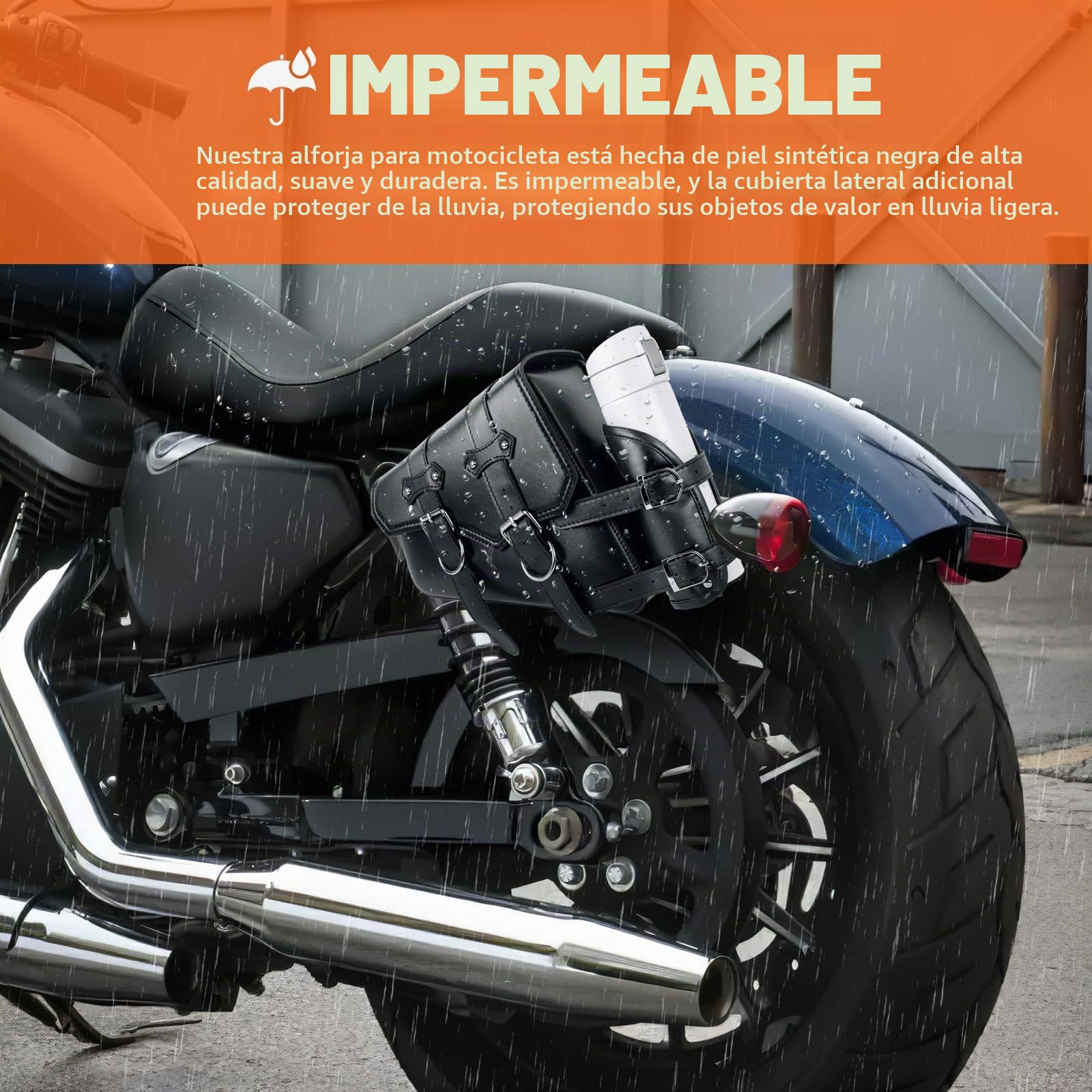 DREAMIZER Bolsa de Sillín Lateral de Cuero Sintético para Motocicleta con Brazo Oscilante Compatible Harley Honda Kawasaki Suzuki Yamaha