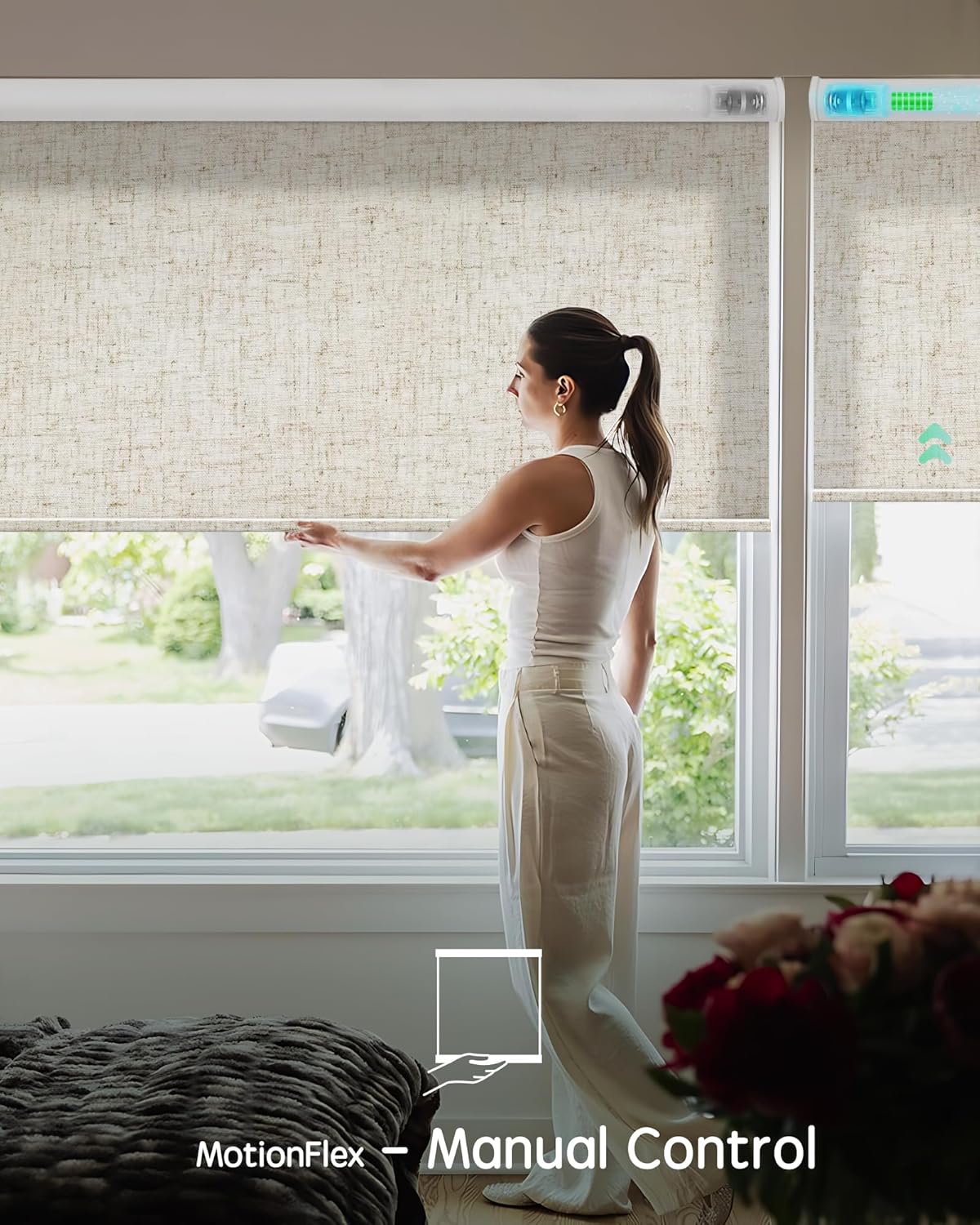 Yoolax Motorized Shades Dual Control, MotionFlex Motorized Roller Shades with App & Manual Control, Pull Down Automatic Shades for Indoor Windows, Custom Size(Light Filtering Linen Beige)