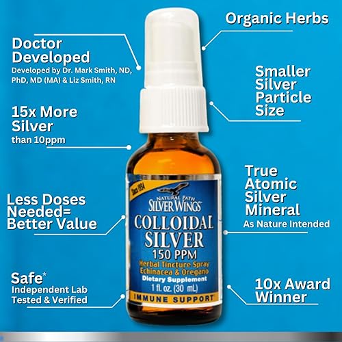 Miniatura 5 de Natural Path Silver Wings Plata coloidal 150ppm (750mcg) con suplemento de apoyo inmunológico de equinácea y orégano 1 fl. oz. spray