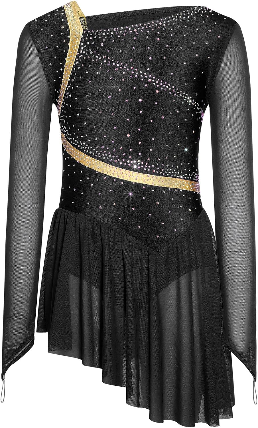 Shinsto Figure Skating Dress for Girls Long Sleeves Asymmetrical Skirt | Lyrical Dance Dress,Shiny Rhinestones Ice Skating Leotard Dress,Hollow Back,Gymnastics Leotard,Modern Ballet Dance Skirted