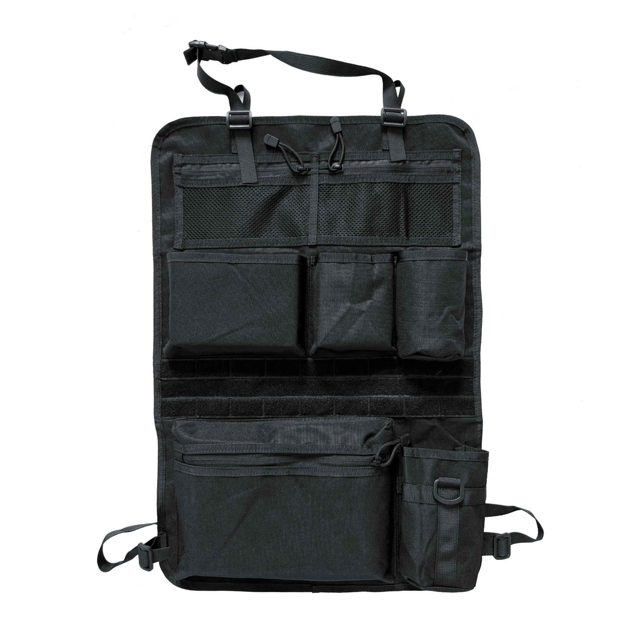 Taktischer Autositz Organizer 42x62cm mit MOLLE-System, Netztaschen, Becherhalter - Schwarz
