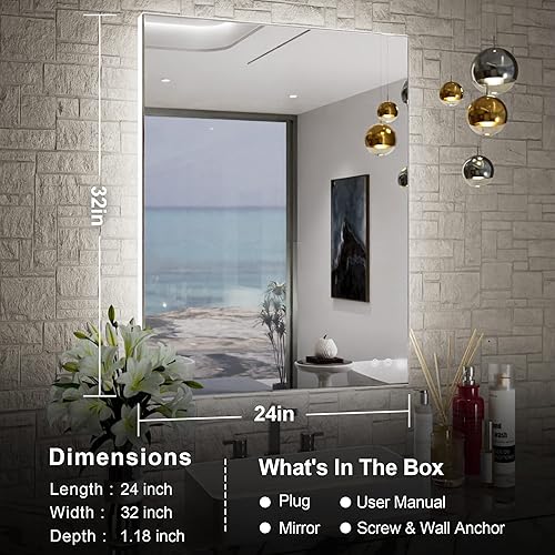 Miniatura 6 de TETOTE Espejo retroiluminado LED de 24 x 32 pulgadas con luz, 3 colores blancocálidonatural, espejo con luz antiniebla, regulable, espejo de