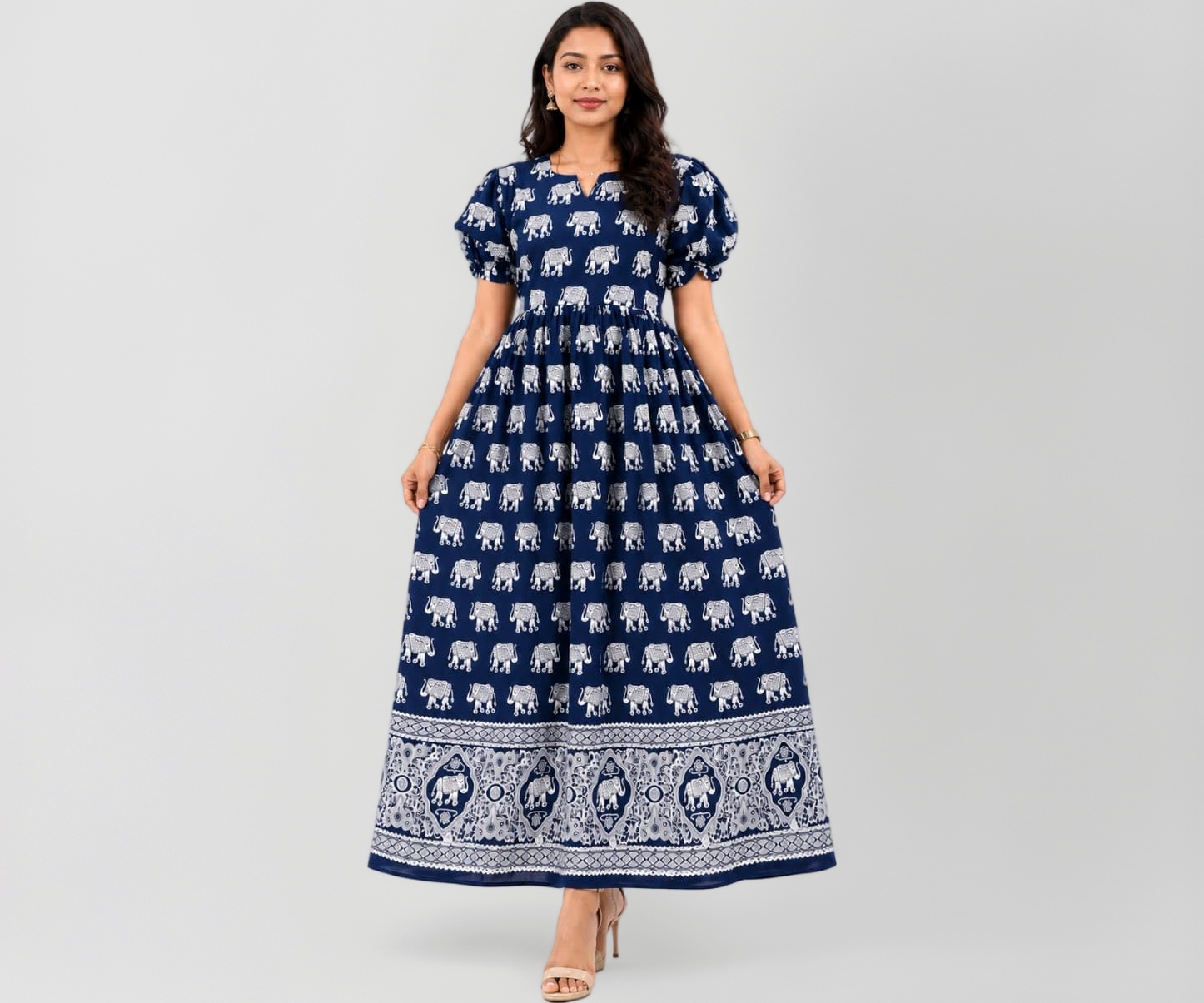 Buy Blue Elephant Print Maxi Dress for Women | Puff Sleeves | Back Adjustable Rope | Premium Cotton Summer Dress