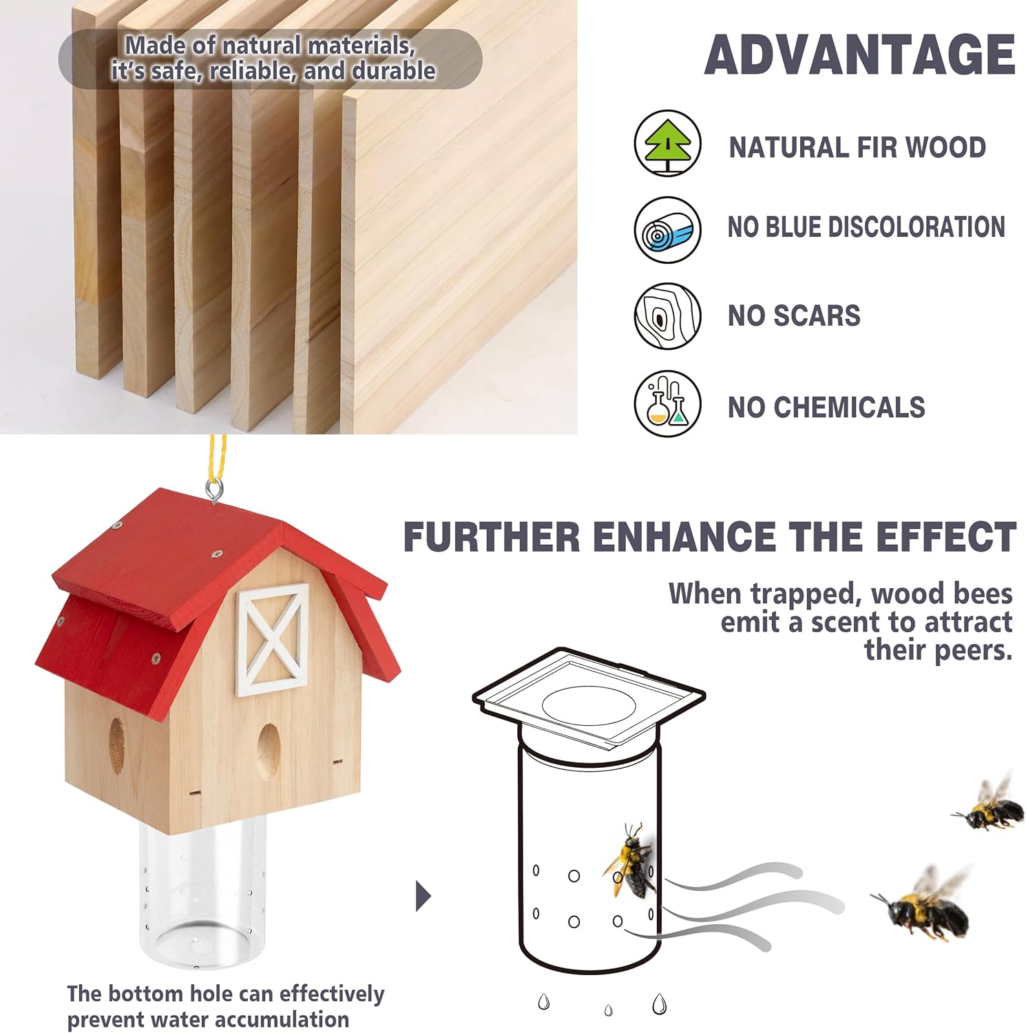 Carpenter Bee Trap for Outside - Best Bee Trap - Red Barn Style Nature Hanging Wood Carpenter Bee Traps Outdoor - Insect Traps with Removable Vault(2 Pack)