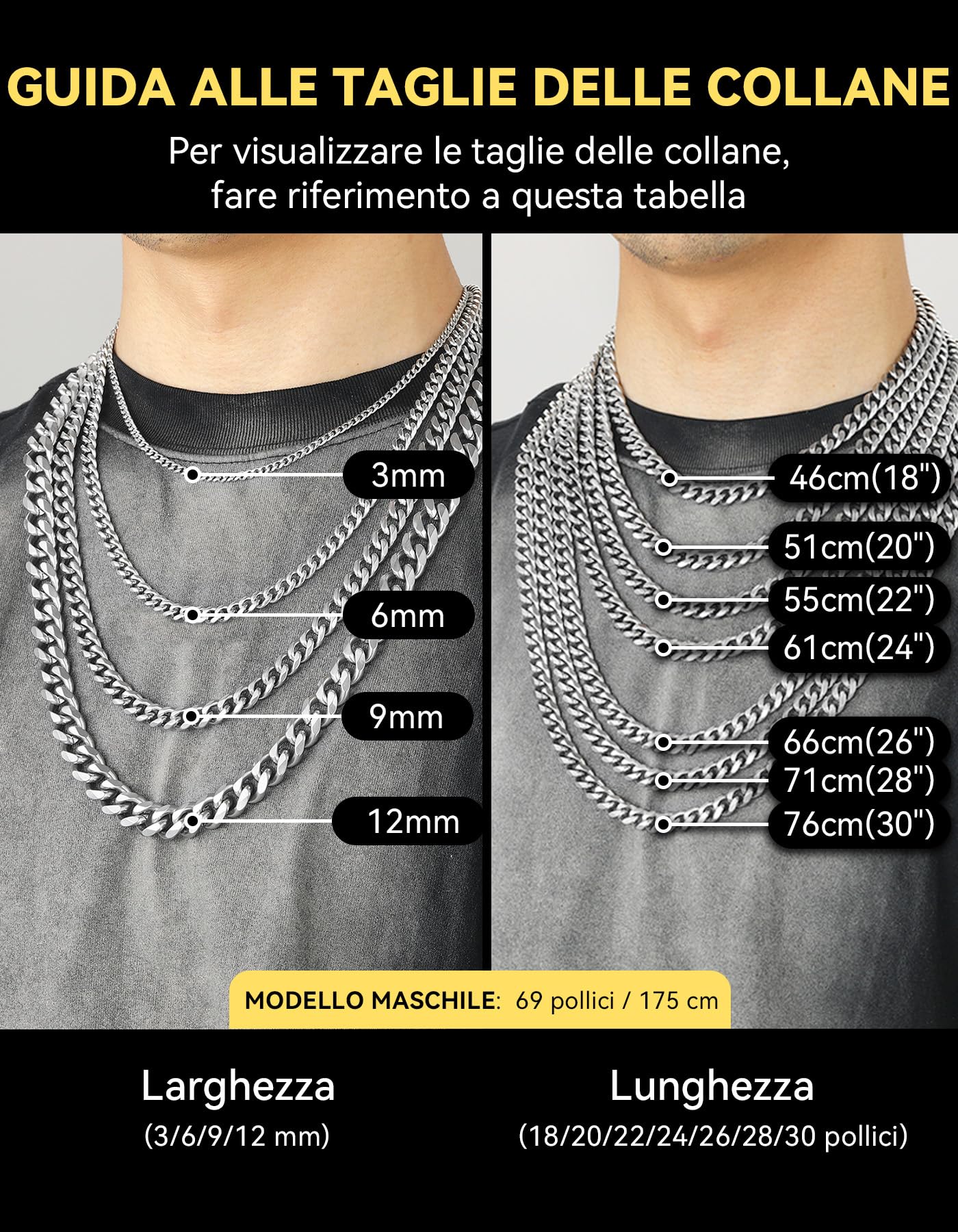 ChainsHouse Collana Uomo Acciaio Collana Argento Catena Cubana Collana Oro 18K Larghezza 3/6/9/12MM Catenina Uomo Hiphop Punk Rock Catena Spessa Chunky Catena a Maglia Regalo Ragazzo