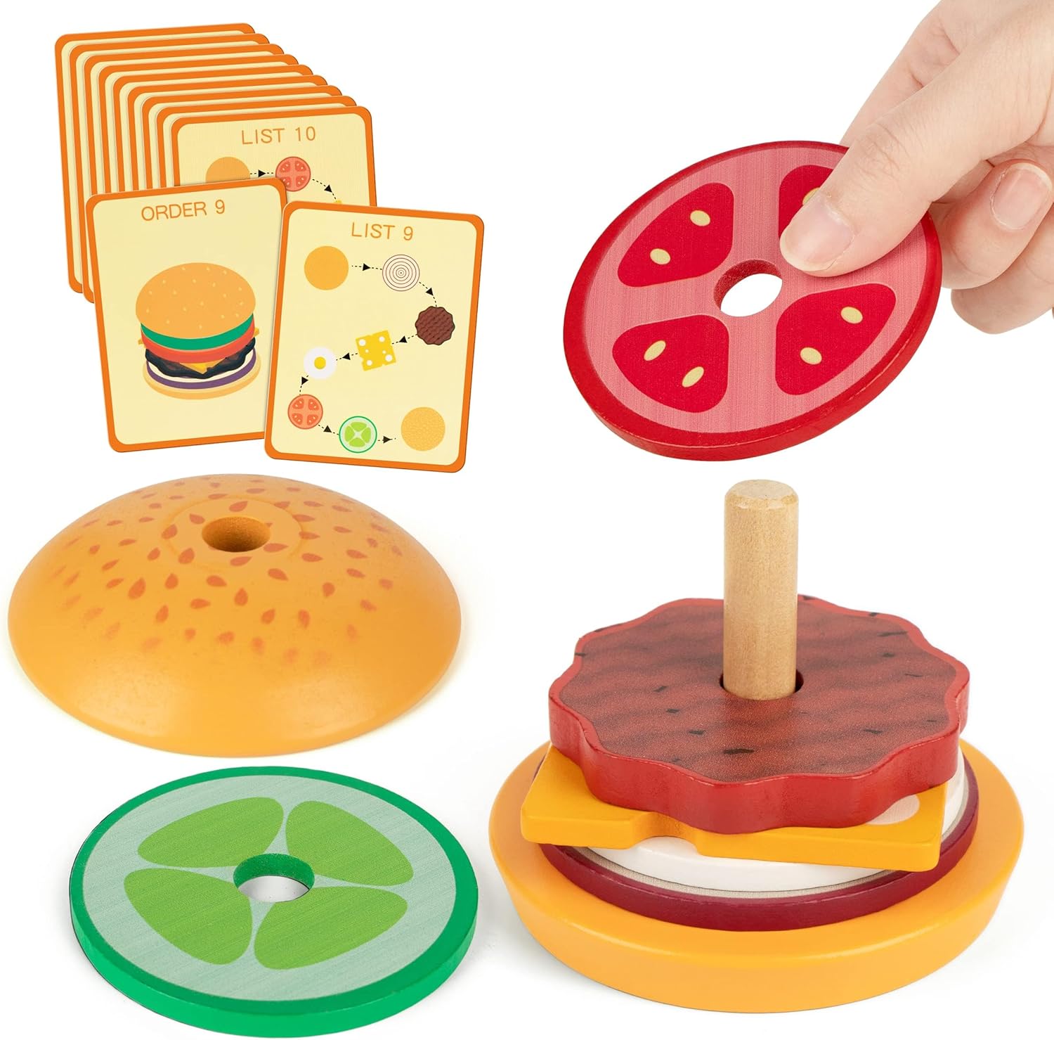 Vanmor Wooden Stack Burger, Food Cooking Kitchen Play Montessori Toy