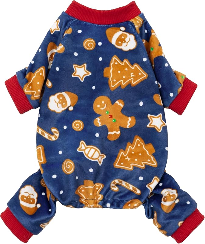 Pijama de Natal para Cães Pequenos Fitwarm Gingerbread Man com 4 Pernas, Estampa Festiva, Tamanho Médio