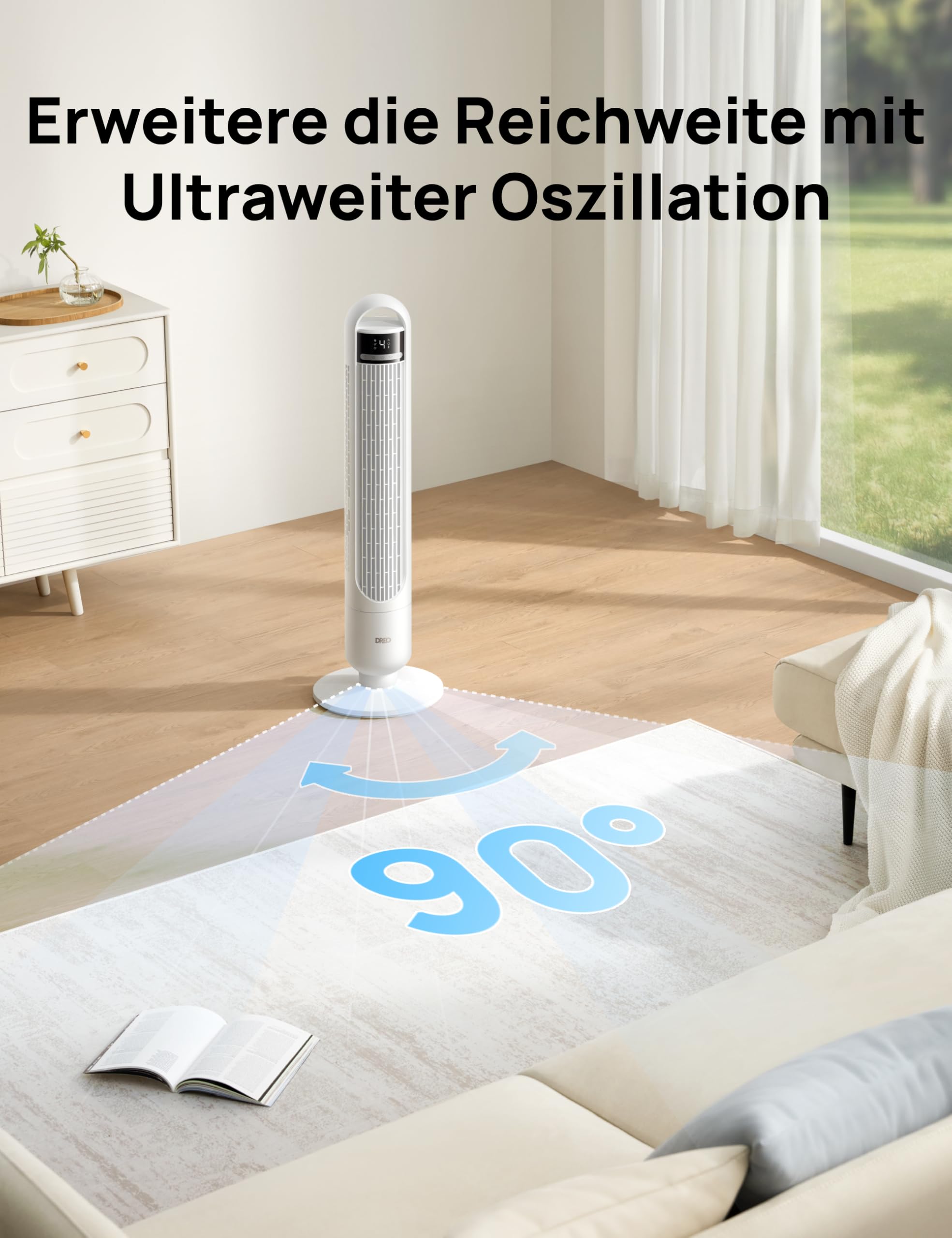 DREO Smart Turmventilator fürs Schlafzimmer, leiser Standventilator mit 28 dB, Luftreichweite bis 8,8 m, 4 Stufen & 3 Modi, 8 Std.-Timer, App, Alexa & Google, 90° Oszillation, für Zuhause/Büro