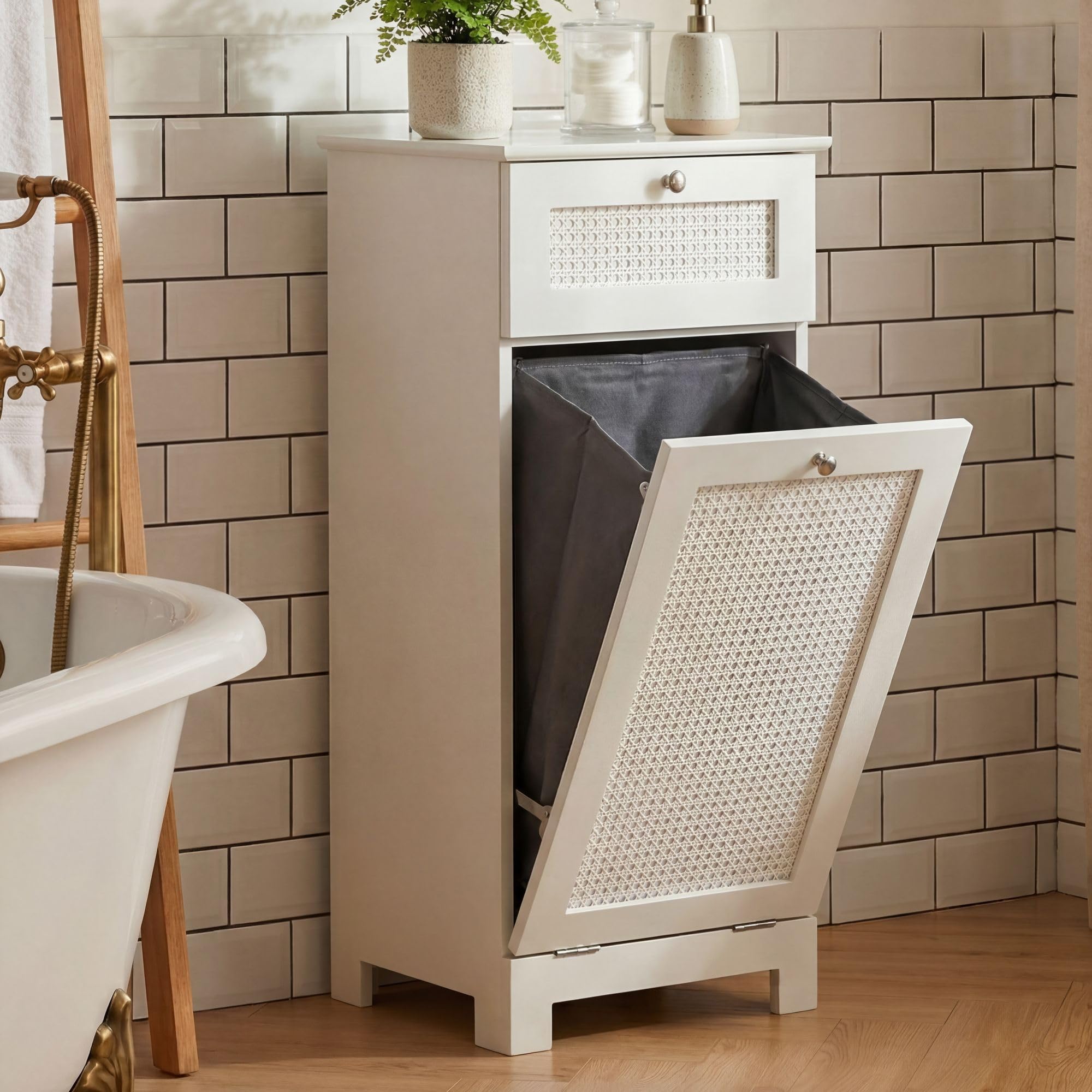 FineBuy Szafka na pranie Biała 38x90x40 cm Rattan Plecionka Szafka wnękowa Łazienka - Wąski kosz na pranie z drzwiami uchylnymi i szufladą - Szafka łazienkowa Pojemnik na pranie