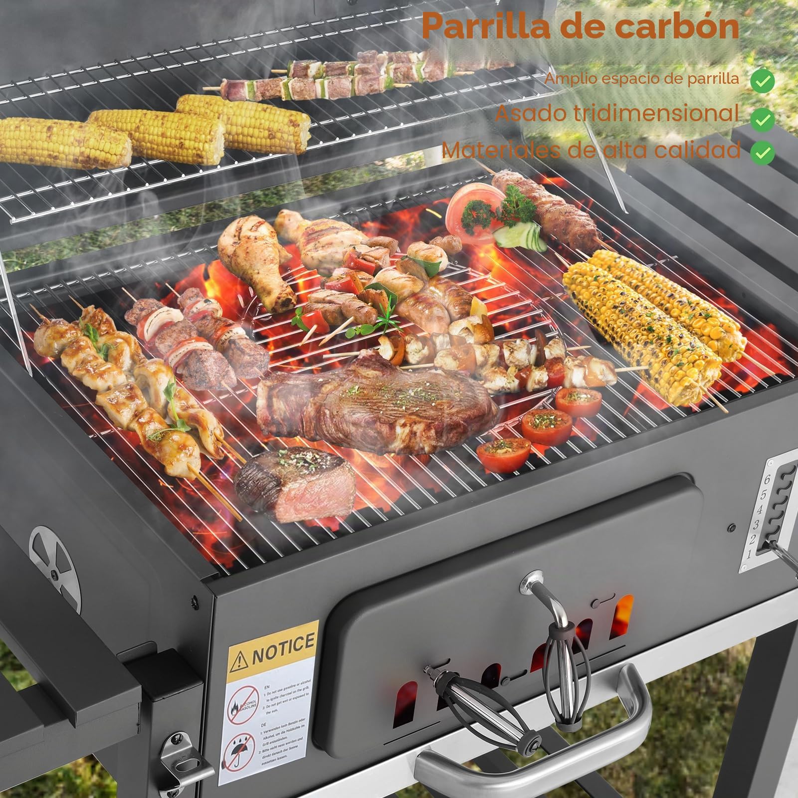 TLSUNNY Barbacoa de Carbon, Parrilla de Carbón XXXL, Barbacoa Carbon con Tapa, 2PCS Ruedas, Termómetro y Chimenea, BBQ Parrilla Grande de Carbón para Jardín y Exterior, Gran Capacidad, Gris