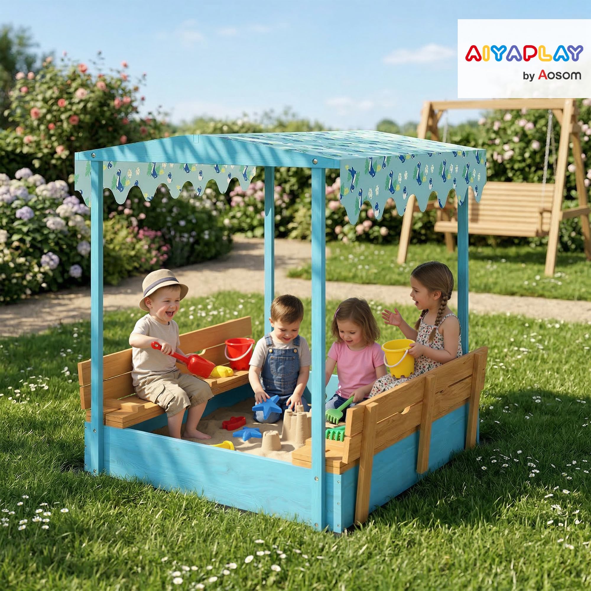 AIYAPLAY Sabbiera per Bambini 3-6 Anni con Tettuccio Dinosauri, Sedute Pieghevoli, Coperchio e Fodera Inclusa, Sabbionaia per Bambini in Legno di Abete, 134.5x127.5x130 cm, Blu