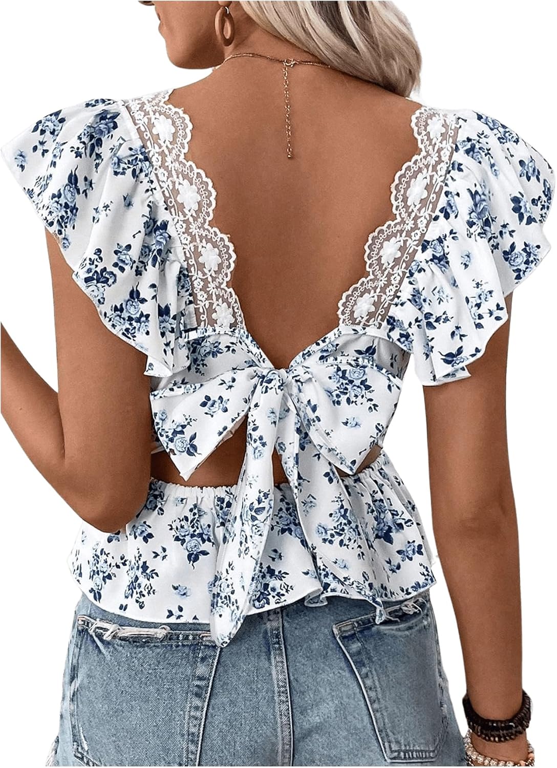 Women 2026 Fashion Spring Outfits Floral Boho Blouses Bow Tie Back Ruffle Sleeve Cute Vacation Lace Peplum Tops