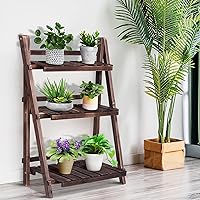 Vista 2 de Giantex 3 Tier Folding Wooden Plant Stand, Indoor Flower Pot Holder Display Rack, Free Installation Corner Plants Storage Shelf, Foldable Rustic