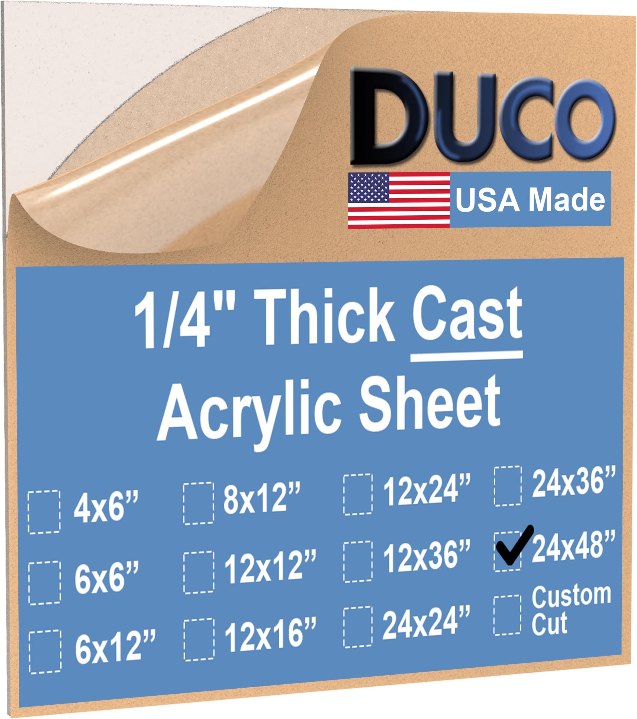 Duco Clear Cast Acrylic Sheets 1/4" (6mm) Thick 24" x 48" - 1 Pack of USA-Made Transparent Plexiglass Sheet - Shatter Resistant Acrylic Board for Window Replacements, Displays, Signs, & Shelving
