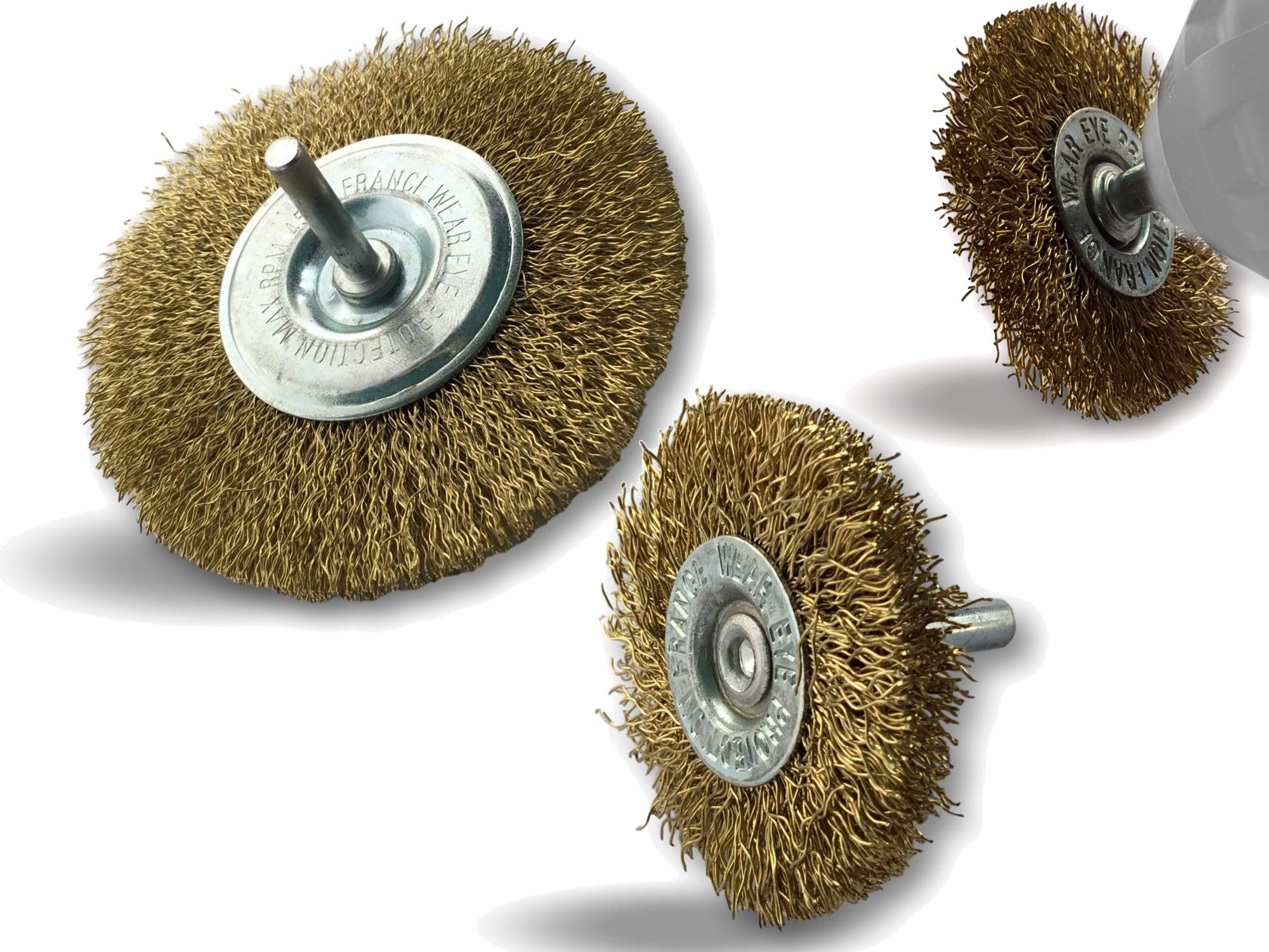 Zestaw 3 metalowych okrągłych szczotek obrotowych Ø 50-75-100 mm | Na pręcie Ø 6 mm | Sznurek mosiężny Ø 0,30 mm twardy | Do wiertarki lub wkrętarki do trzpienia | Kibros 26xxLT8x3div