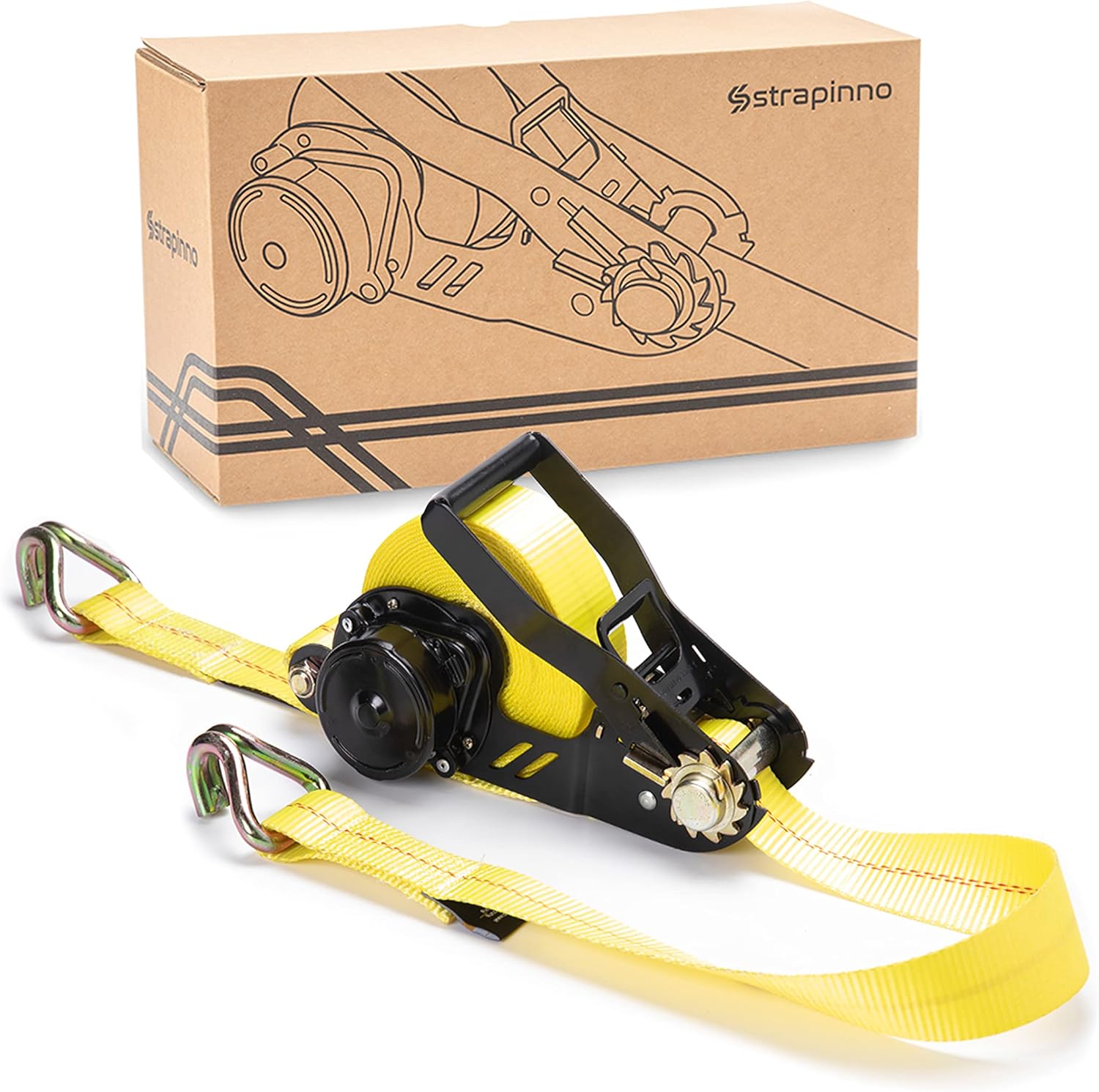STRAPINNO Retractable Ratchet Tie-Down Strap - 2 in x 27 ft Heavy-Duty Strap, 10,000 lbs Breaking Strength, and 3,333lbs Working Load Limit (1 PC) (Double J Hook)