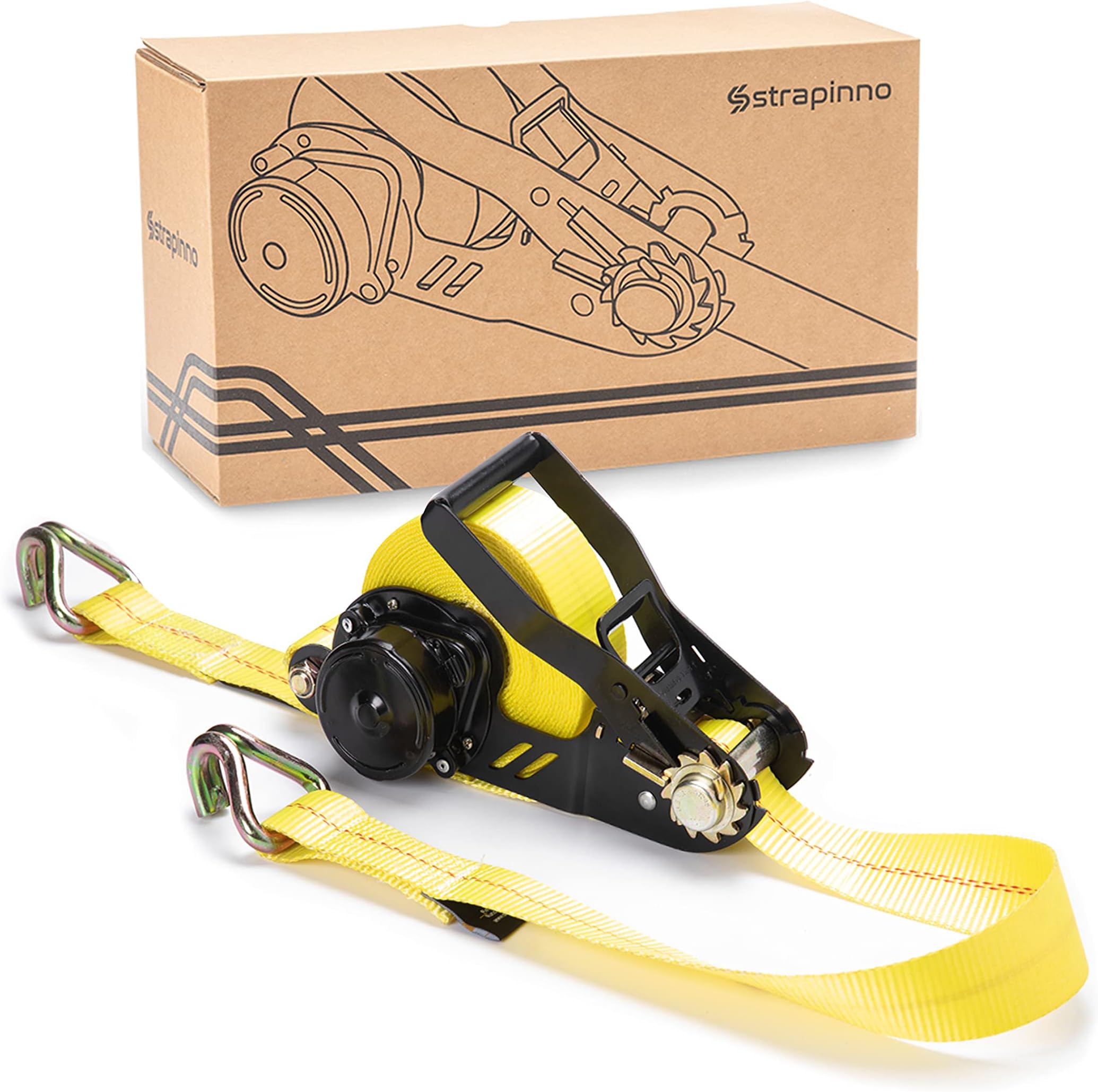 Retractable Ratchet Tie-Down Strap - 2 in x 27 ft Heavy-Duty Strap, 10,000 lbs Breaking Strength, and 3,333lbs Working Load Limit (1 PC) (Double J Hook)