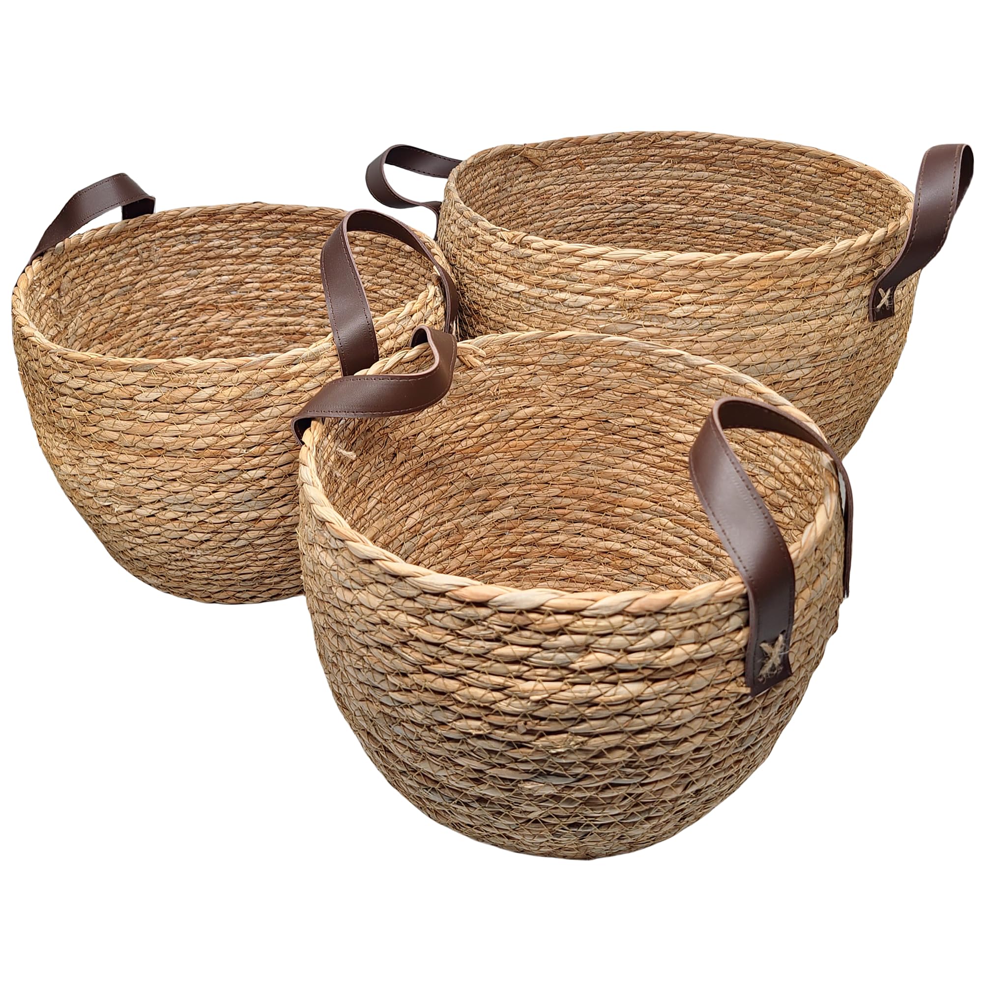 GIB Round Wicker Woven Seagrass Storage Baskets with Leather Handles Set of 3, Natural Decorative Braided Rope Wicker Baskets Bins for Shelves Blankets Organizing, 13", 12" & 11"
