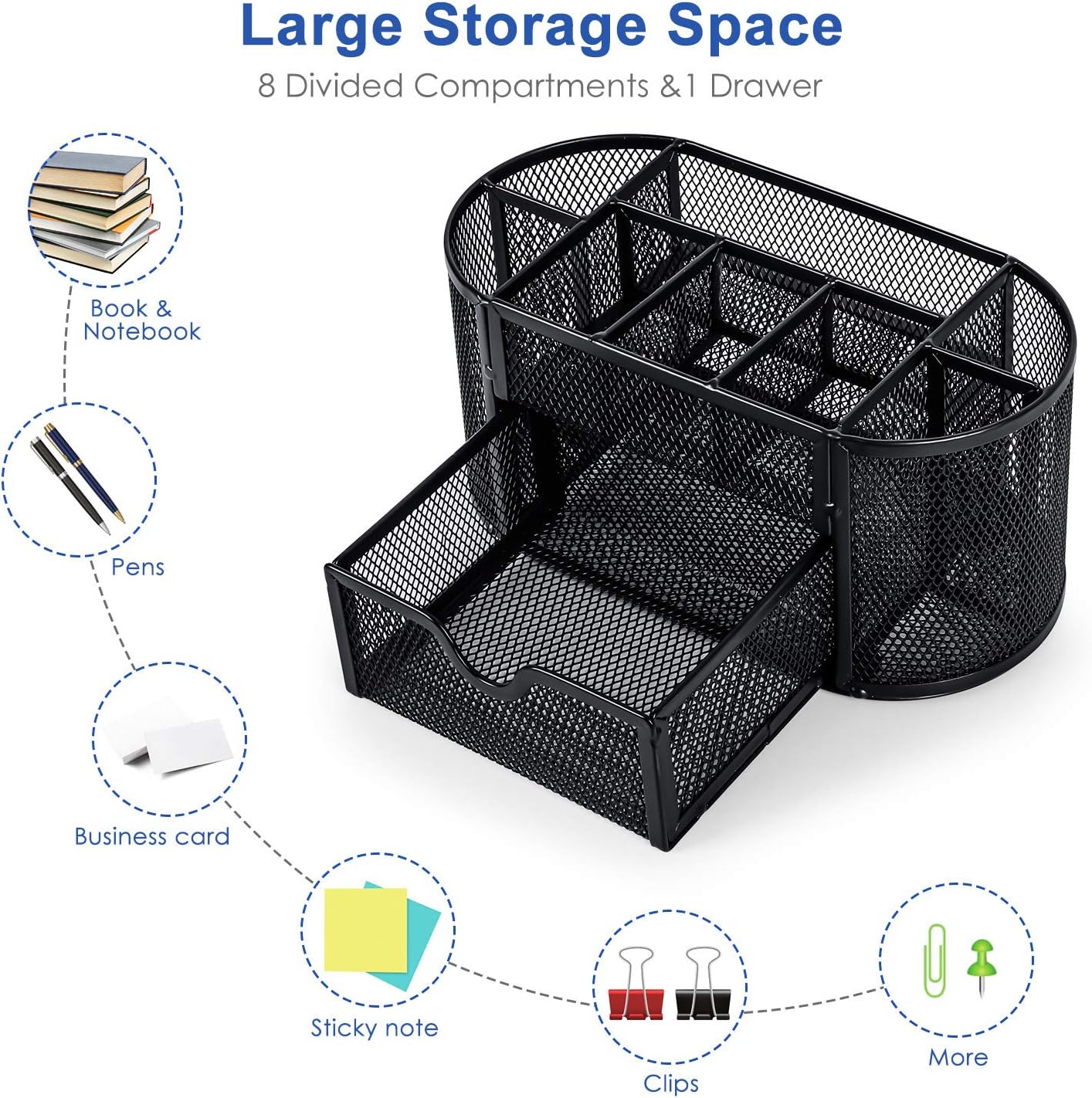 Desk Organizer Mesh Desktop Office Supplies Multi-functional Caddy Pen Holder Stationery with 8 Compartments and 1 Drawer for Office, Home, School, Classroom by Pipishell : Office Products
