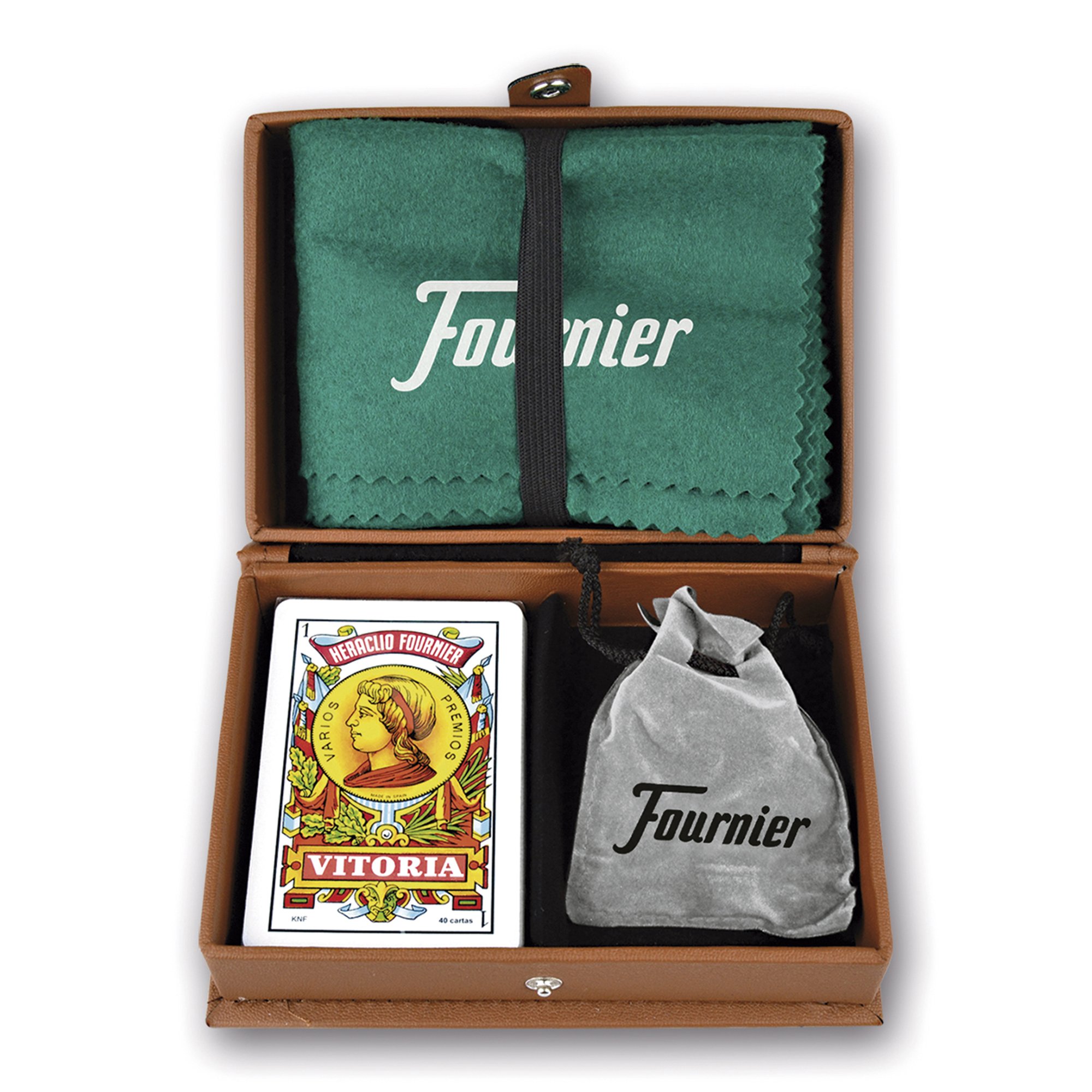 Fournier 10023417 Mus en estuche de polipiel, conjunto de juego ideal para regalo, Marrón. Baraja de cartas española, tapete y amarracos, 14 años en adelante.