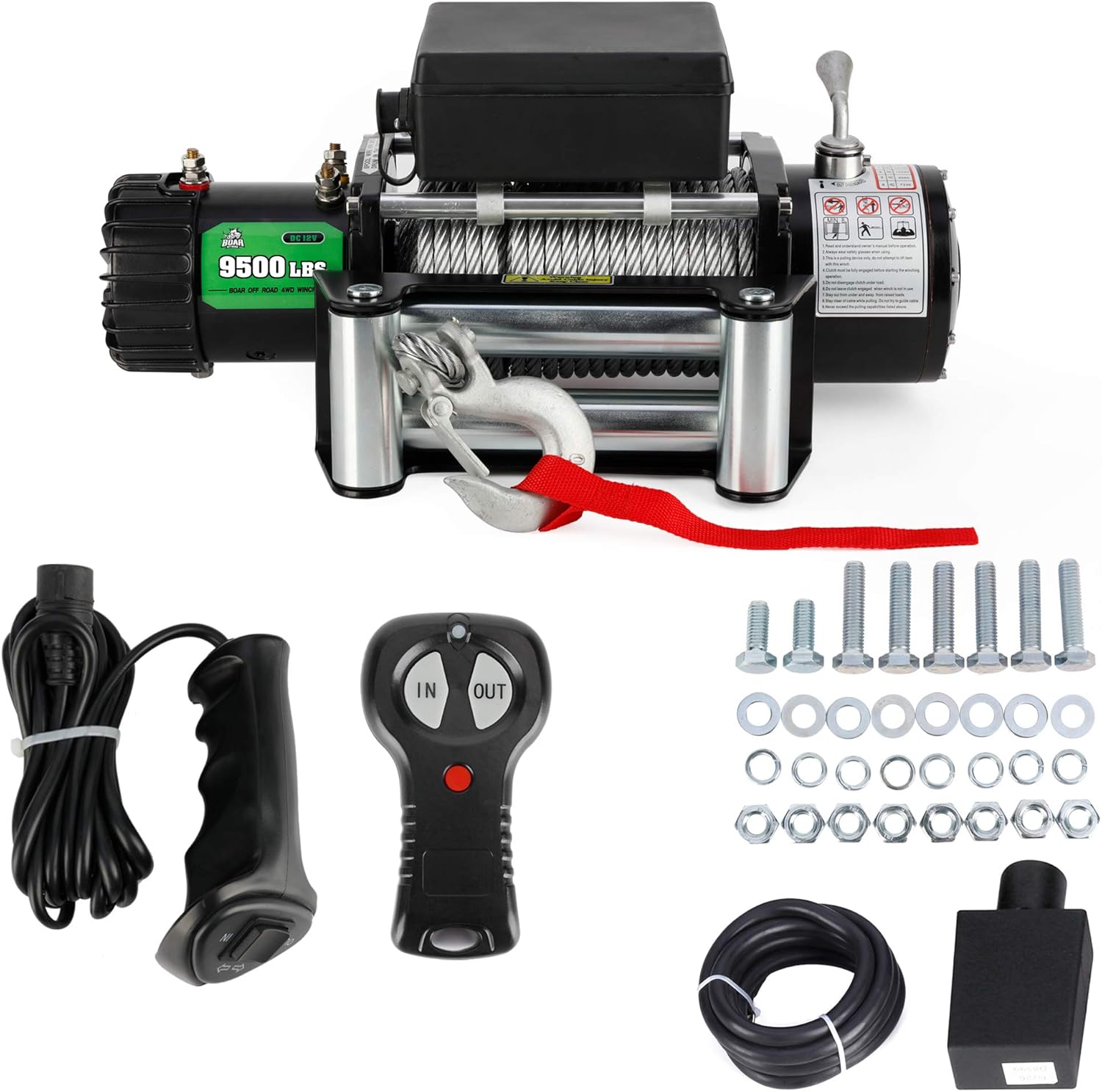 OFF ROAD BOAR 9500-lb. Load Capacity Electric Winch Kit, 12V Steel Cable Winch with Roller Fairlead, Waterproof IP67 Towing Winches with Both Wireless Handheld Remote and Corded Control : Automotive