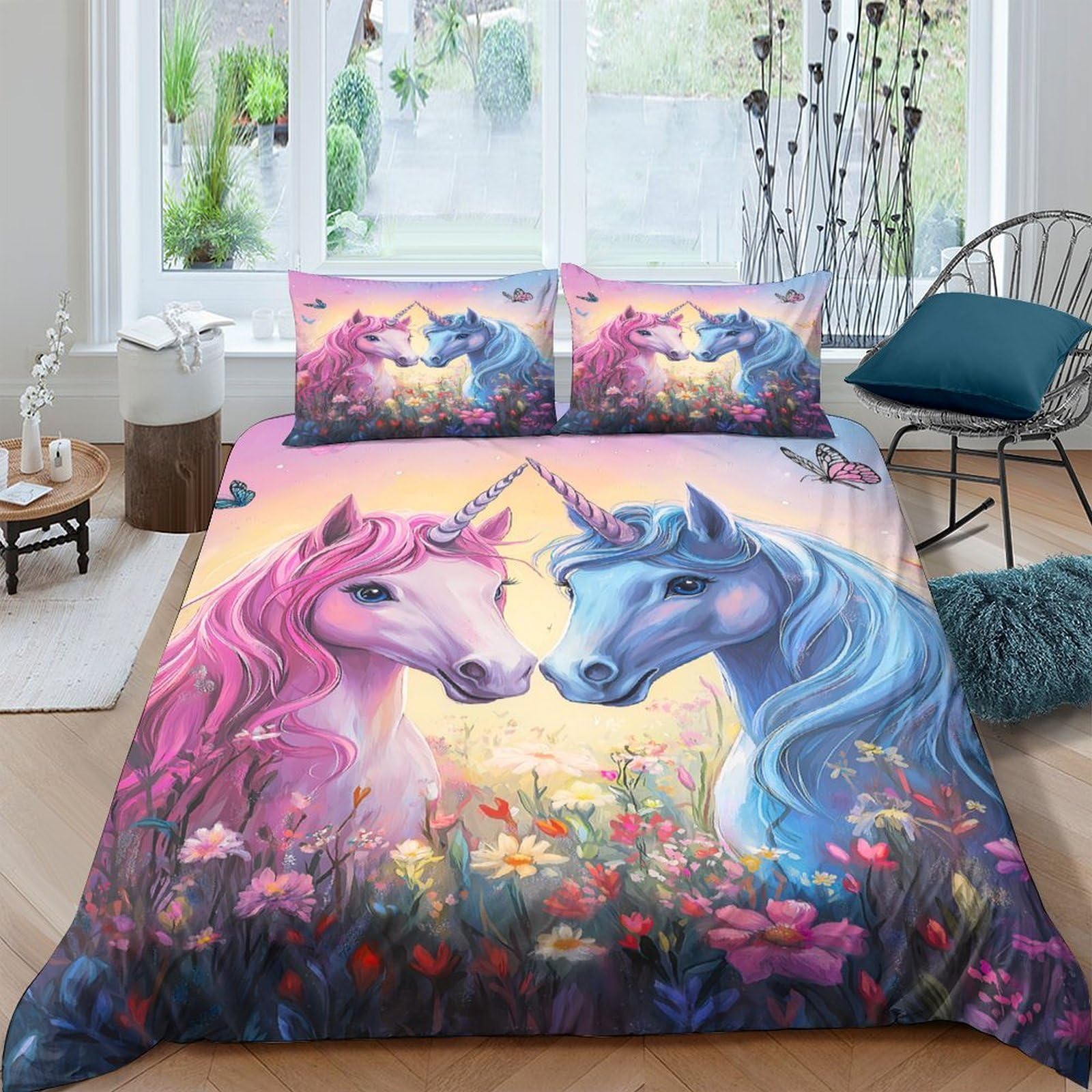Einhorn-Pärchen 3D-Bedruckt 3er-Set Bettbezug Fantasy Kuschelbezug Mikrofaser Reißverschluss Hypoallergen für Kleinkinder Jugendliche Mädchen Super King（260x220cm）