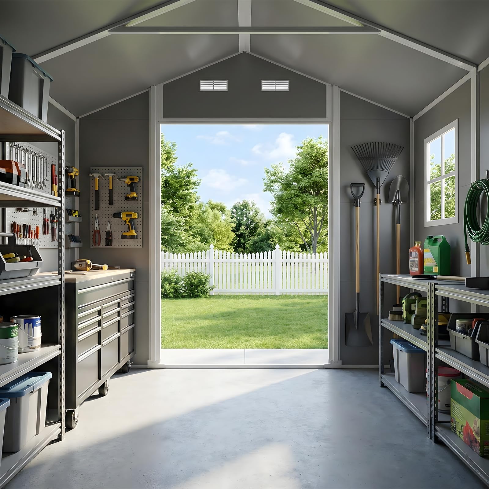 LARBANKE Gerätehaus wetterfest 9,03 m³, Kunststoff 255×182×230 cm, Gartenschuppen Inkl Boden und Dach, Fenster & Rampe,Abschließbare Doppeltür, Belüftung & Regenrinne, für Garten,Rasen und Terrasse