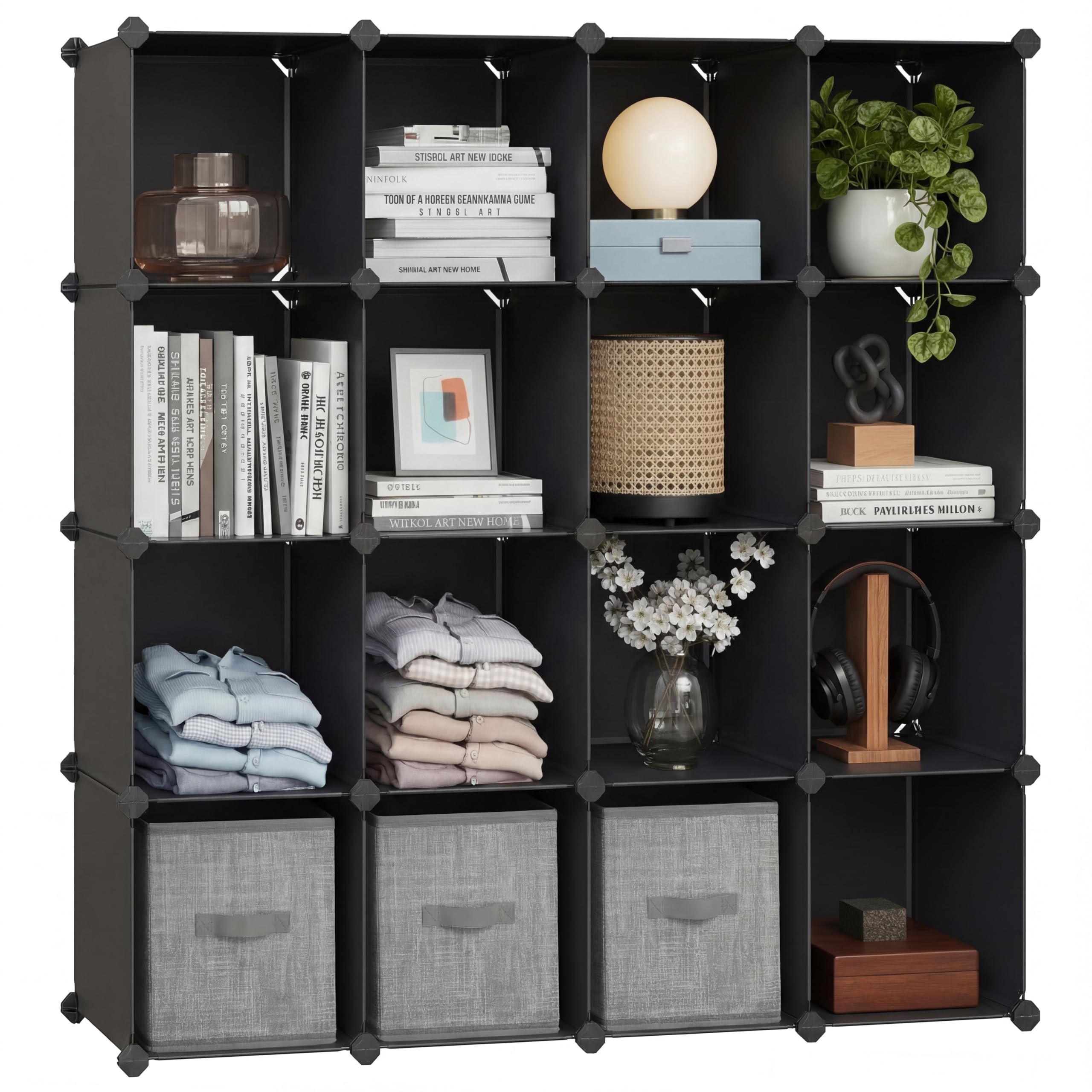 SONGMICS 16-Cube Storage Unit, Shoe Rack, DIY Shelving System, Stackable Cubes, PP Plastic Shelf, Wardrobe, Closet Divider, for Bedroom, Office, 31 x 123 x 123 cm, Black LPC44BK
