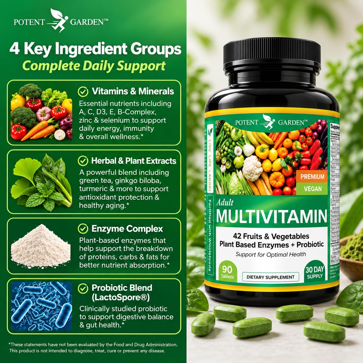 Potent Garden Multivitamin for Men & Women – 42 Fruits & Vegetables, Probiotics & Enzymes, Daily Whole Food Supplement for Energy, Immune Support & Digestion, Non-GMO, 90 Tablets — Amazon image 6