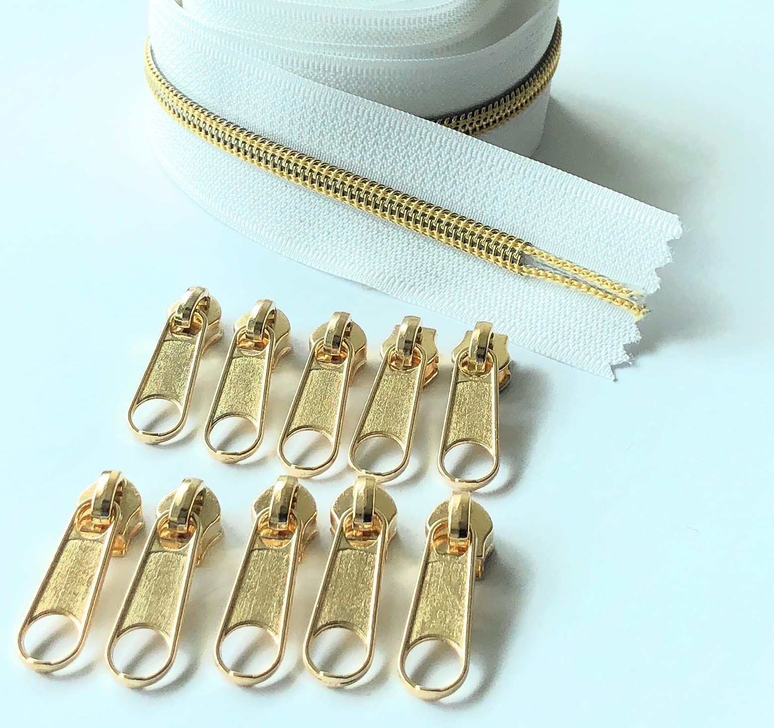 ADS Zipper Continuous Nylon No.5 Zip with Sliders #5 Chain Zipper on Roll with 10 Pullers (White (Gold - 101 LG), 196.8" - 5 metre)