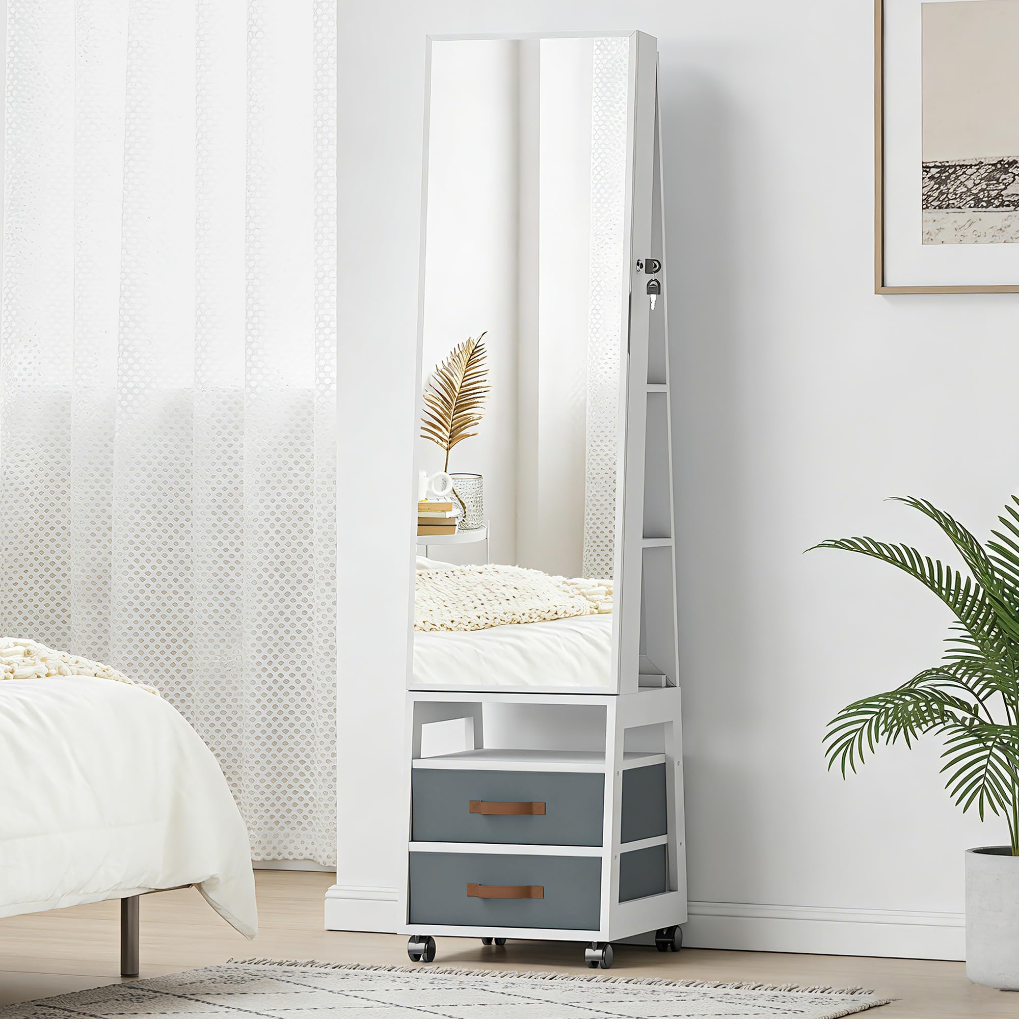 HOMCOM Espejo Joyero con Luces LED Interior, Armario para Joyas con Ruedas, Armario Joyero con Espejo Entero, Giratorio de 360°, Estantes Abiertos, Cajones de Tela, Blanco y Forro Crema