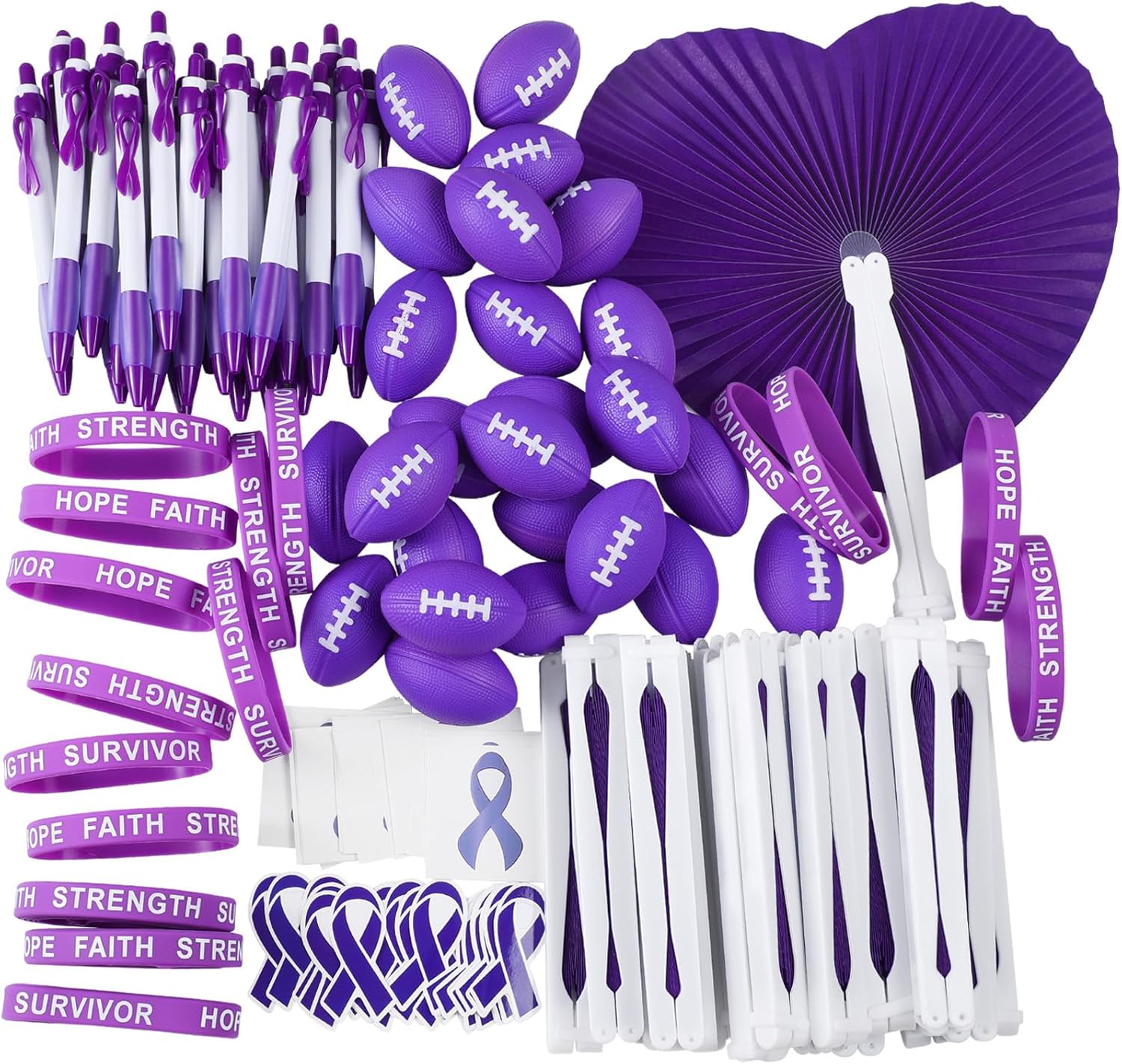 150 Pcs Testicular Cancer Awareness Purple Items Bulk Ribbon Stickers Stress Football Folding Fan Tattoo Sticker Silicone Bracelet for Charity Events Gifts Supplies