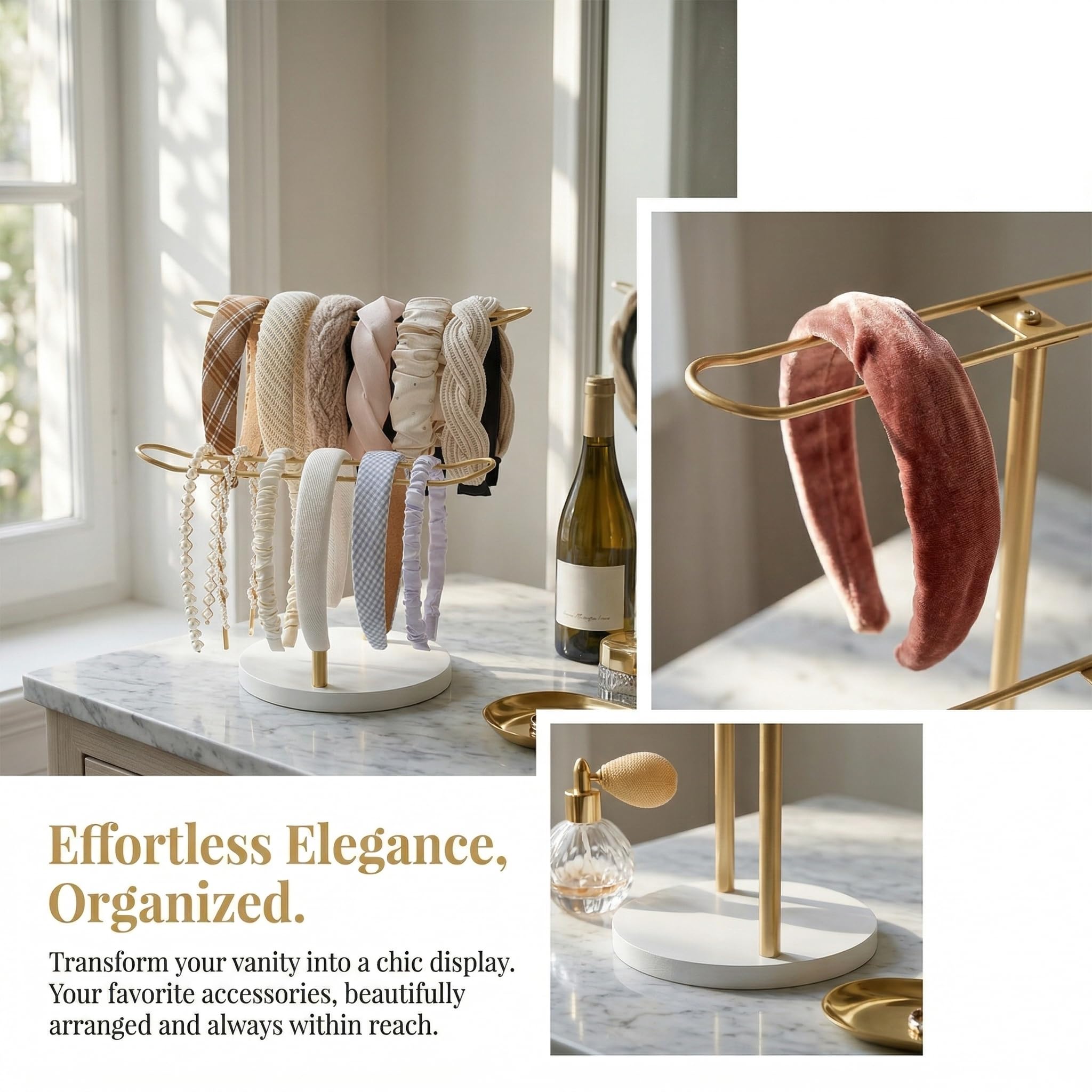 Organizador de Diadema de Metal, Expositor para Diademas de 2 Niveles, Organizador de Accesorios para el Cabello con Base Estable, para Guardar Diademas, Pulseras, Collares y Relojes, Dorado