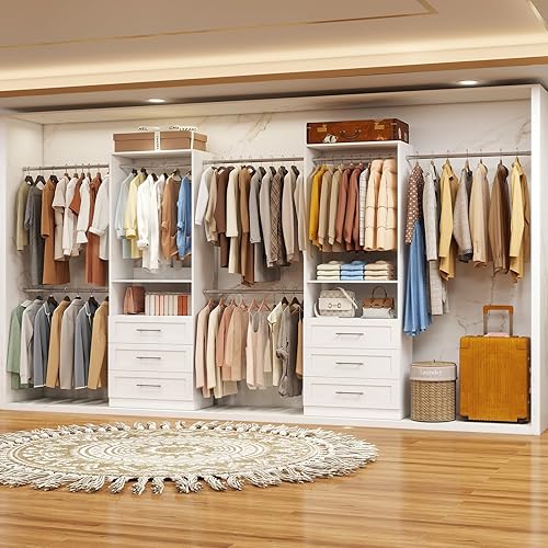 Vista 7 de Sistema de armario con 2 juegos, sistema organizador de armario de 4 pies a 15 pies con 6 cajones de madera, sistema de almacenamiento de armario 4