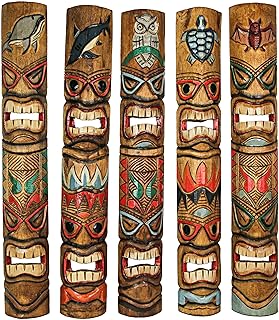 Zeckos Set of 5 Double Tiki Mask Animal Totem Hand Carved Wall Decor Sculpture 40 Inch