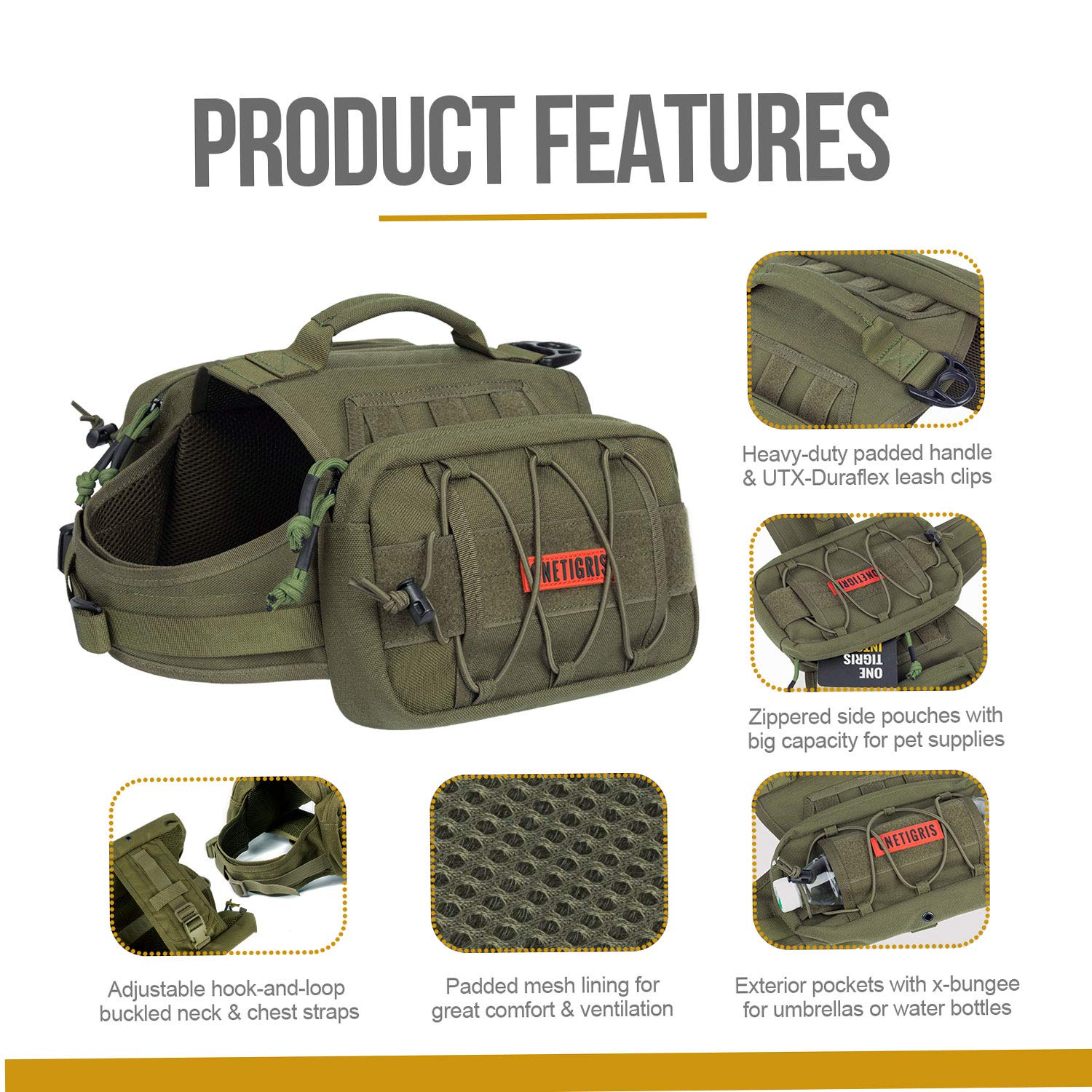 OneTigris Mammoth Mochila para perros, versión 2.0, para camping, senderismo, para perros de tamaño M/L (L, verde Ranger)