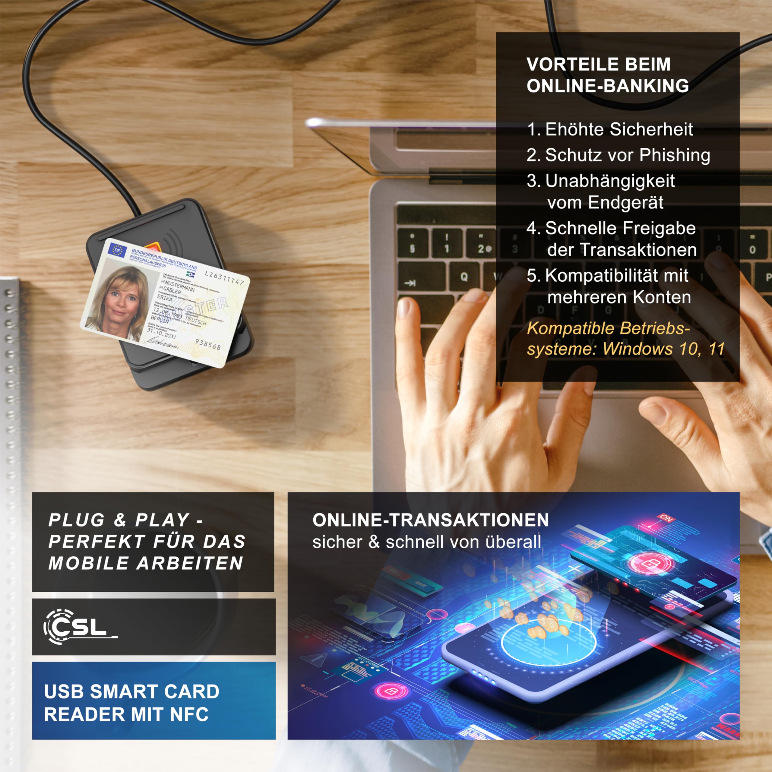 CSL - USB Chipkartenleser mit NFC - SmartCard Reader/SIM Kartenlesegerät - kompatibel mit Windows 11 - für den neuen Personalausweis Gesundheitskarte Bankkarten - EPA