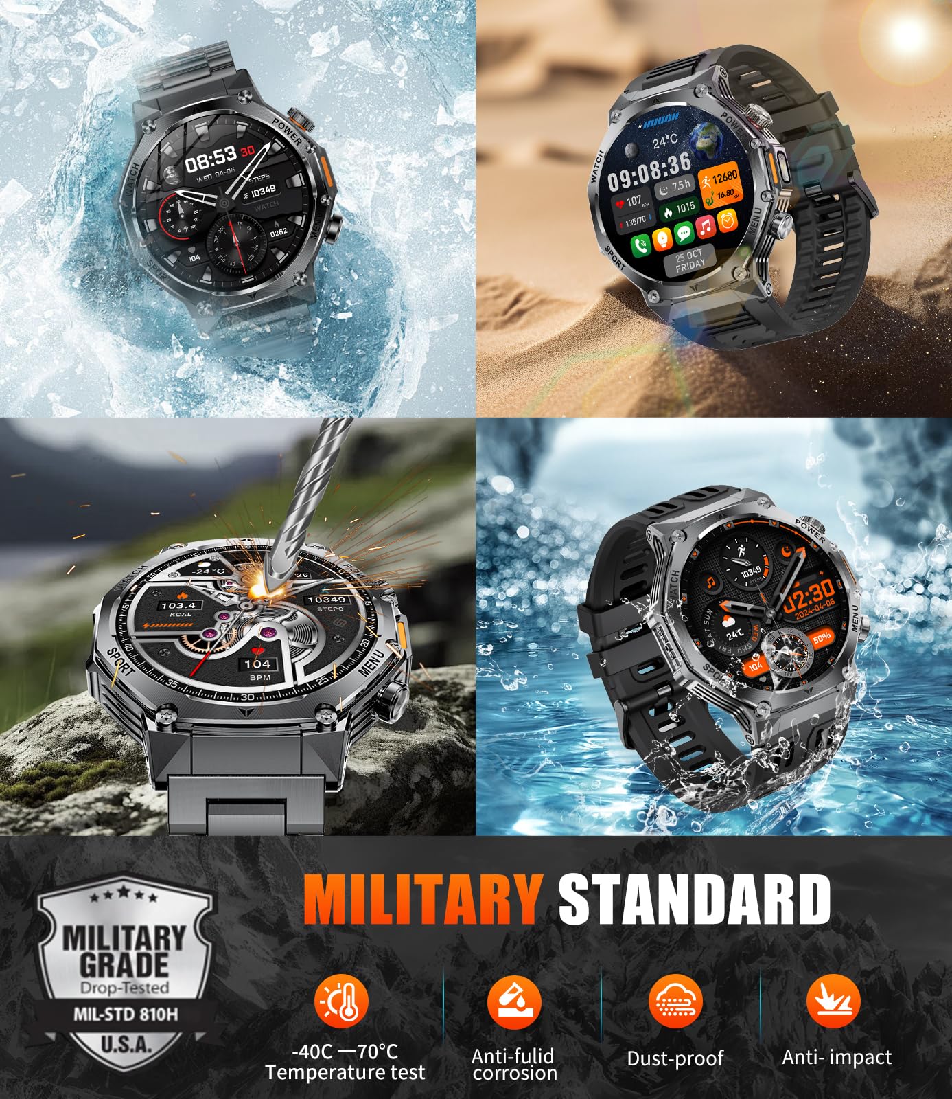 SUNKTA 1.85″ HD Smartwatch para Hombres Militar 800 mAh Batería Grande Reloj Inteligente para iOS Android Llamadas Bluetooth LED,Monitoreo de Salud Monitor de Sueño,100+ Modos Deportivos,Rojo