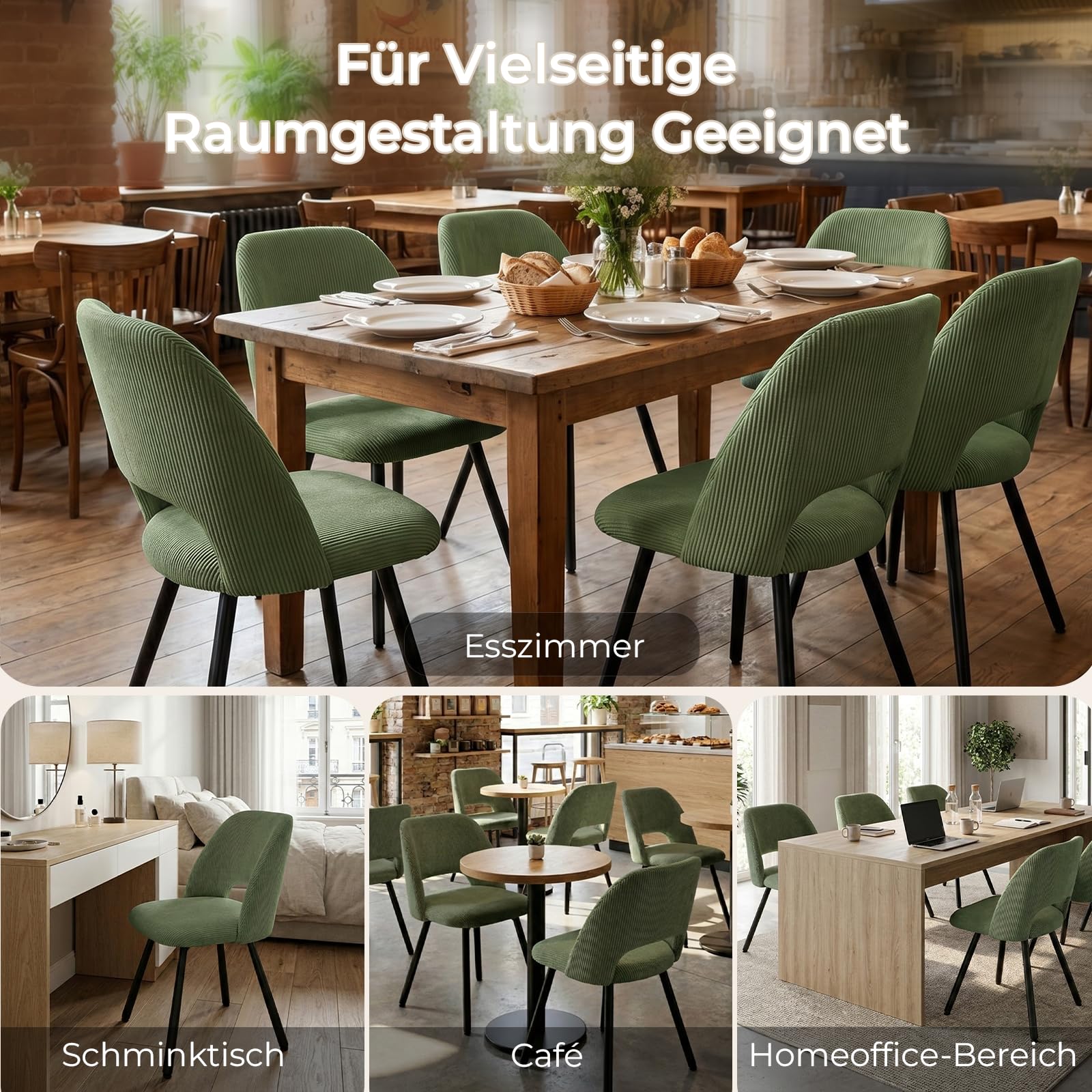 WAFTING 6er-Set 360° Drehbare Gepolsterte Esszimmerstühle mit Metallbeinen | Moderne Küchenstühle mit Durchbrochener Rückenlehne, Geeignet für Esszimmer, Schlafzimmer und Wohnzimmer, Grün