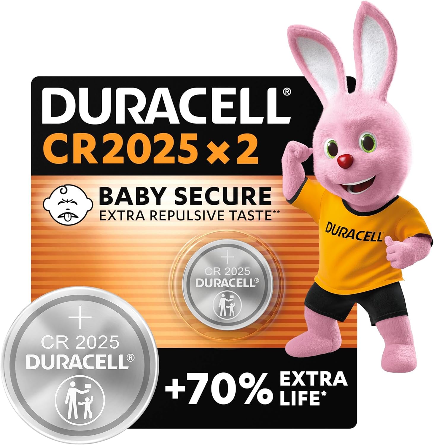 DURACELL 2025 Lithium Coin Batteries 3V (2 pack) - Up to 70% Extra Life - Baby Secure Technology - For Use in Key Fobs, Fitness Watches and 3D Glasses - Baby Secure Packaging