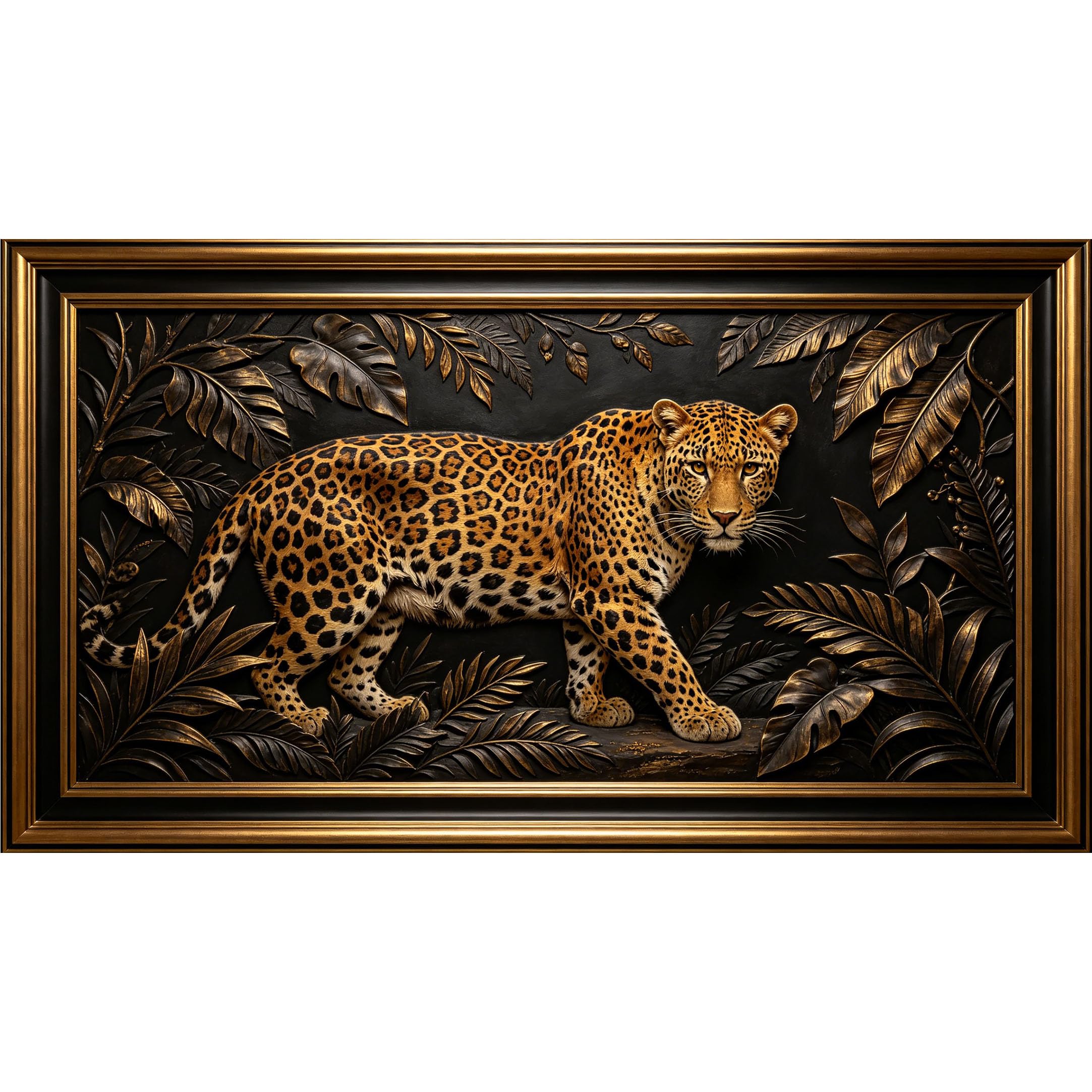 QZLITHOTIC 50x90cm3D Framed Wall Art， Jungle Leopard Botanical Self‑Adhesive Mural， Water‑Activated Peel & Stick Fabric Decor Wall Decal for Bedroom Living Room