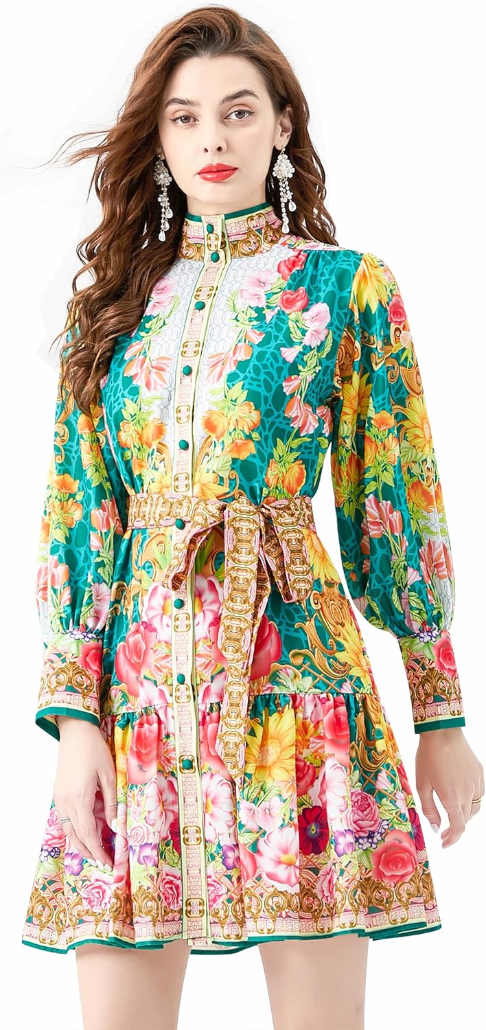LAI MENG FIVE CATS Women's Floral Print Lantern Sleeve Ruffle Casual Button Belted Thin Loose Fit Mini Dress