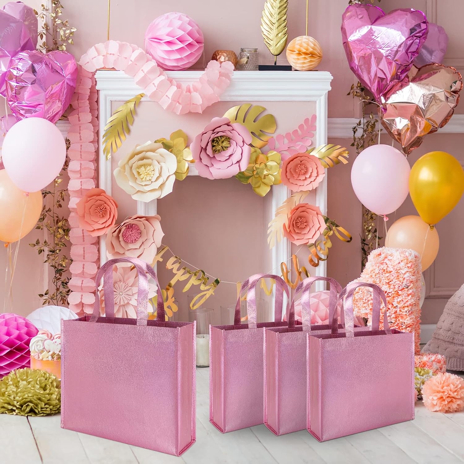 PHOGARY 12 Large Gift Bags with Handles 12.6x3.9x10.6inch(Pink) Stylish Party Bags for Birthday Bachelorette Wedding Party Favor Bridal Shower Wrap, Reusable Goodie Bags, non-woven fabric - Image 6