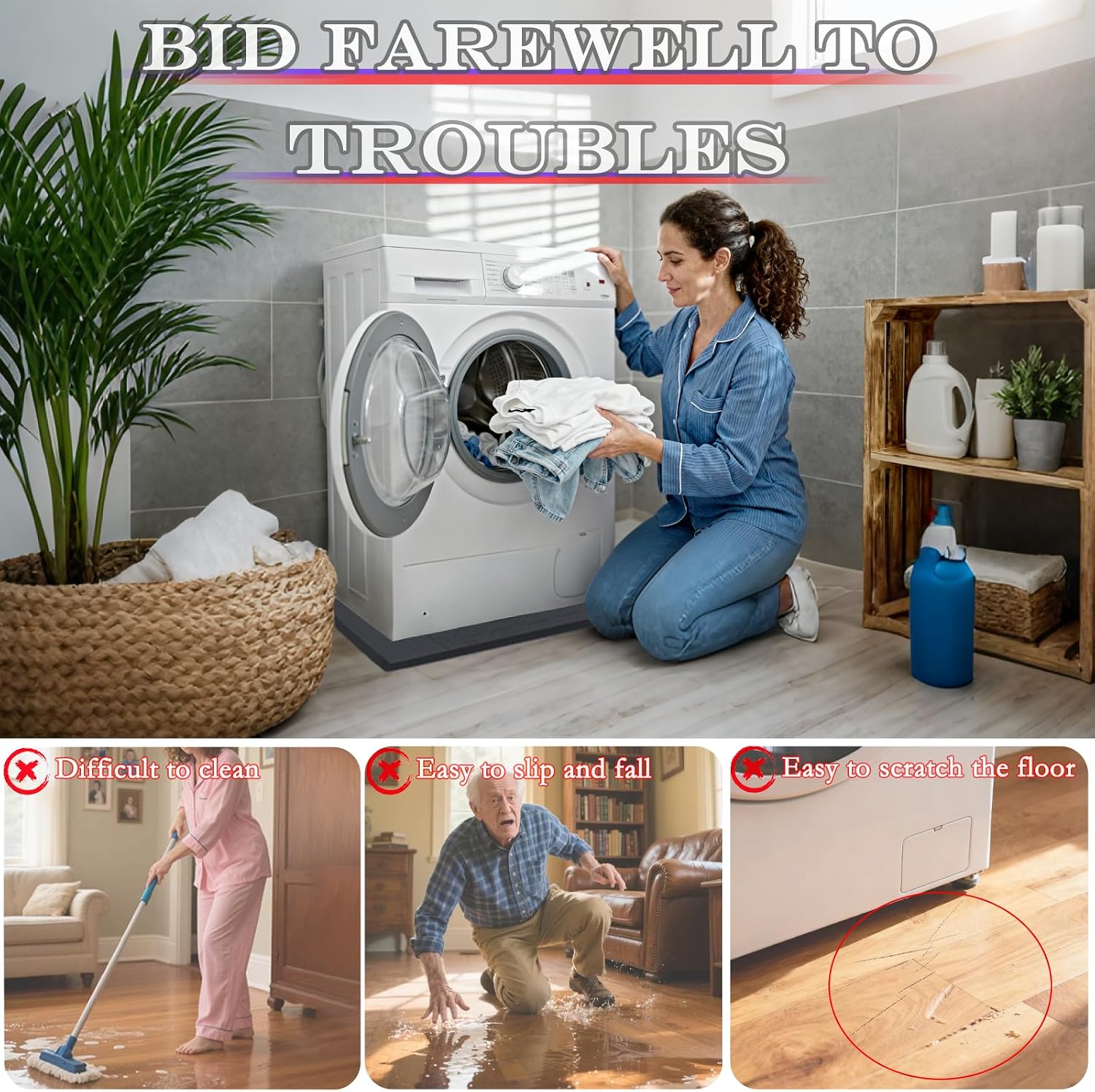 27×27×0.79inch Washer Drain Pan Silicone Mat, Waterproof Anti-Vibration Non-Slip Washer Drip Tray, With Raised Edge Washing Machine Silicone Mat, Floor Leak Protector for Laundry Room（Black）