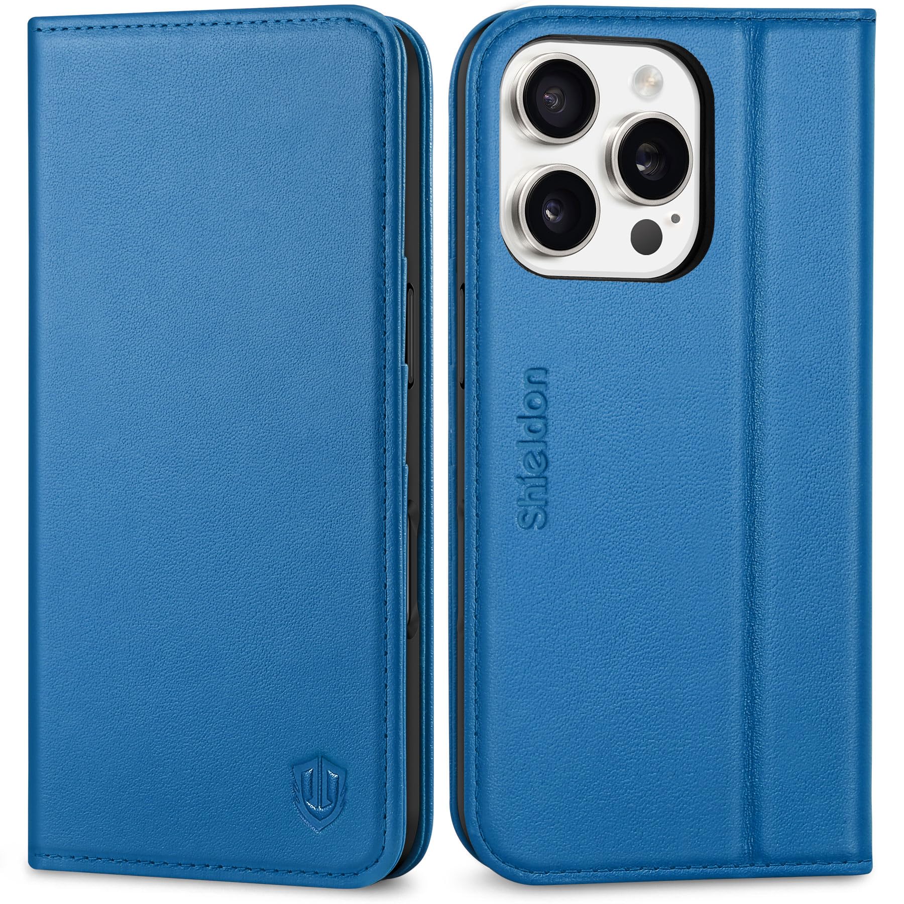 SHIELDON Wallet Case for iPhone 16 Pro 2024, Genuine Leather RFID Blocking Credit Card Holder Folio Magnetic Kicktand Shockproof Phone Cover