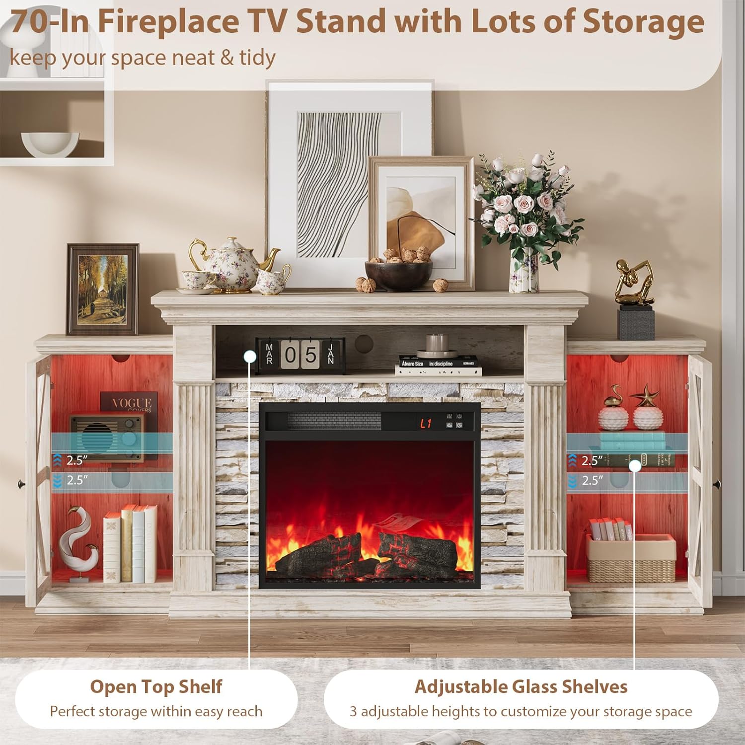 QUW Electric Fireplace TV Stand, 70" Farmhouse Entertainment Center with Open Shelf and Glass Barn Door Cabniet, Modern TV Console Table with 7 Flame Colors for Living Room, Antique Brush Grey