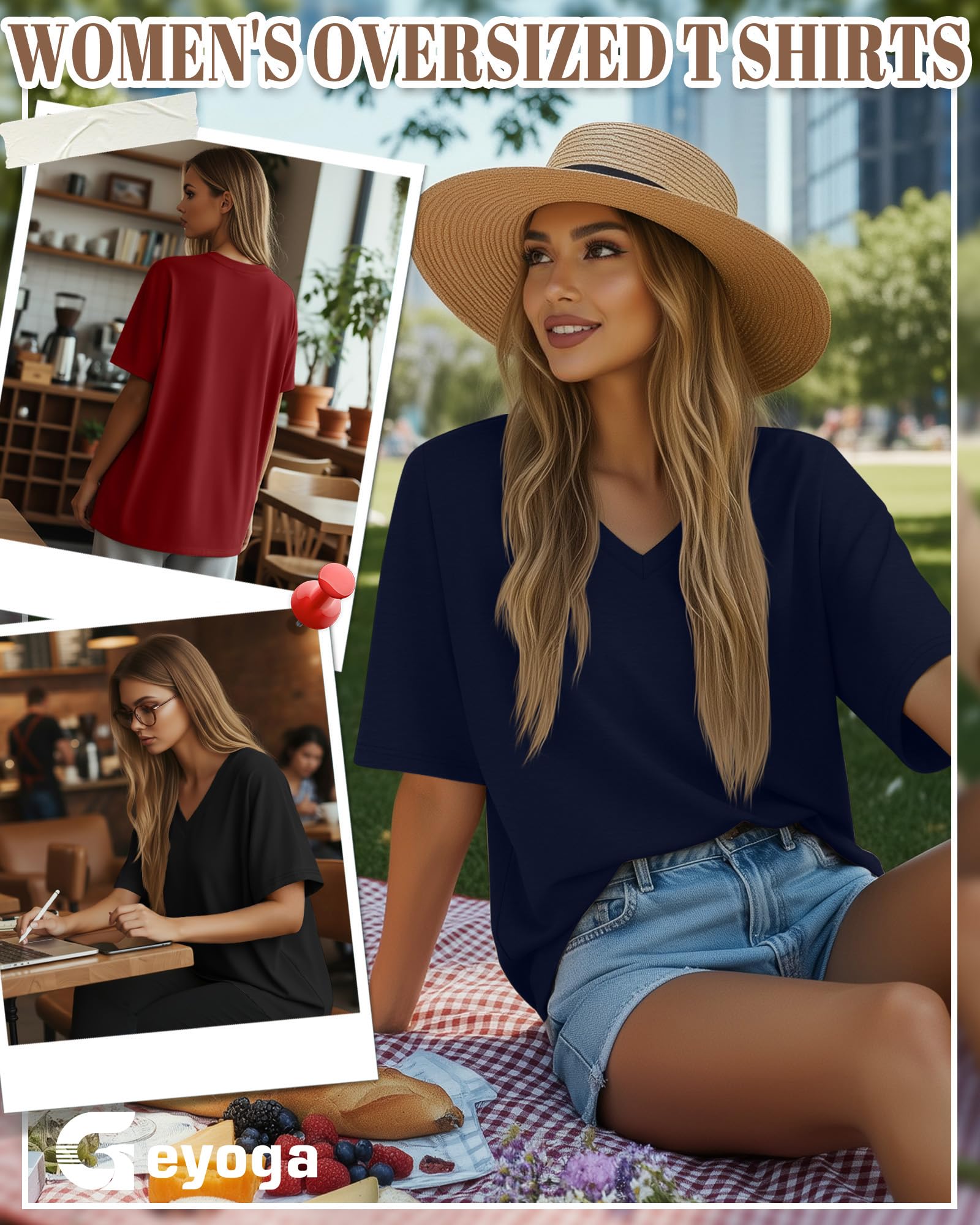 Geyoga 3 Pezzi Magliette Oversize in Cotone da Donna Scollo a V Fit Largo T-Shirt per Allenamento Top Maniche Corte Morbidi